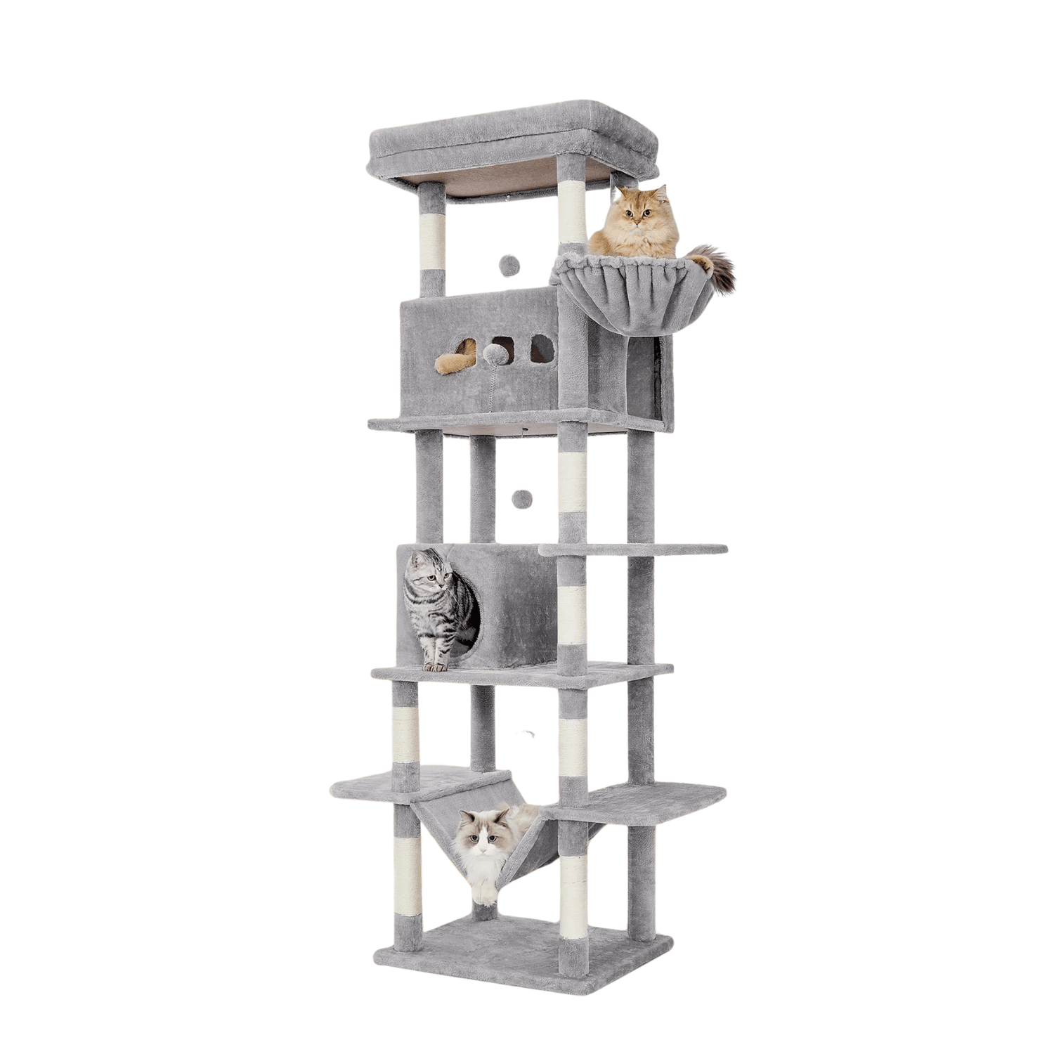 Arbre à chat XXL 210 cm – Tour multi - niveaux, 2 niches, hamac & griffoirs - One PETS - TOP