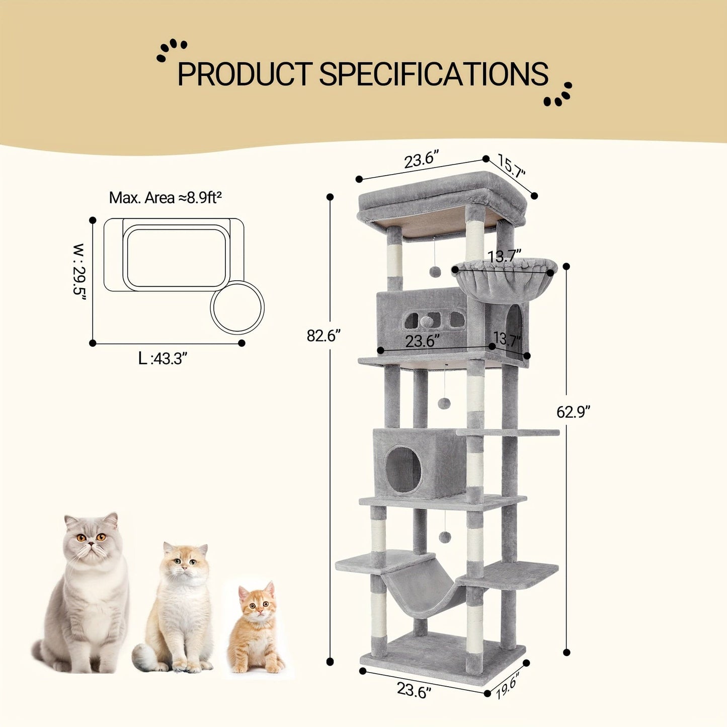 Arbre à chat XXL 210 cm – Tour multi - niveaux, 2 niches, hamac & griffoirs - One PETS - TOP
