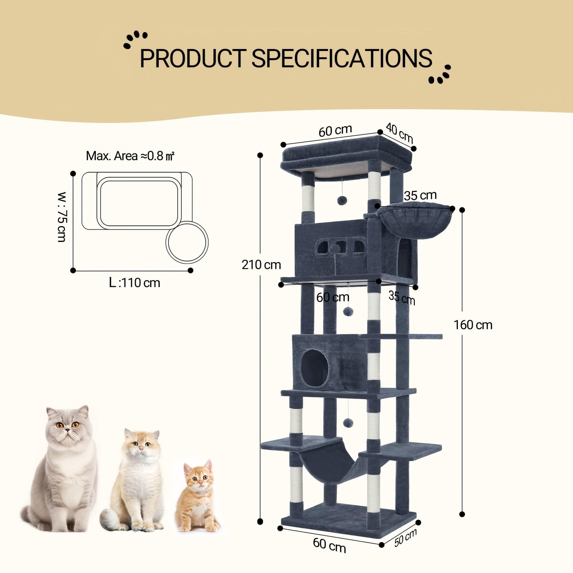 Arbre à chat XXL 210 cm – Tour multi - niveaux, 2 niches, hamac & griffoirs - One PETS - TOP