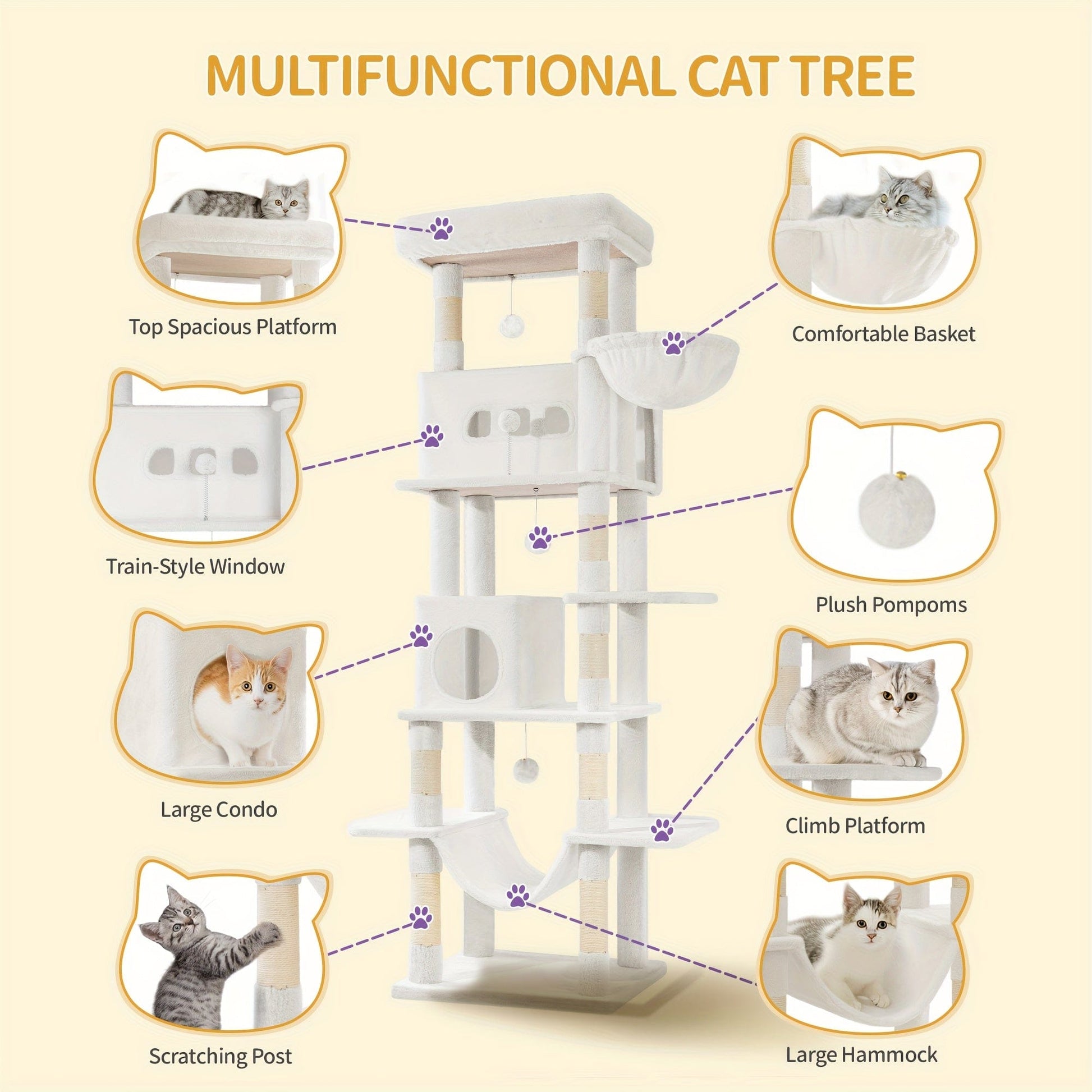 Arbre à chat XXL 210 cm – Tour multi - niveaux, 2 niches, hamac & griffoirs - One PETS - TOP