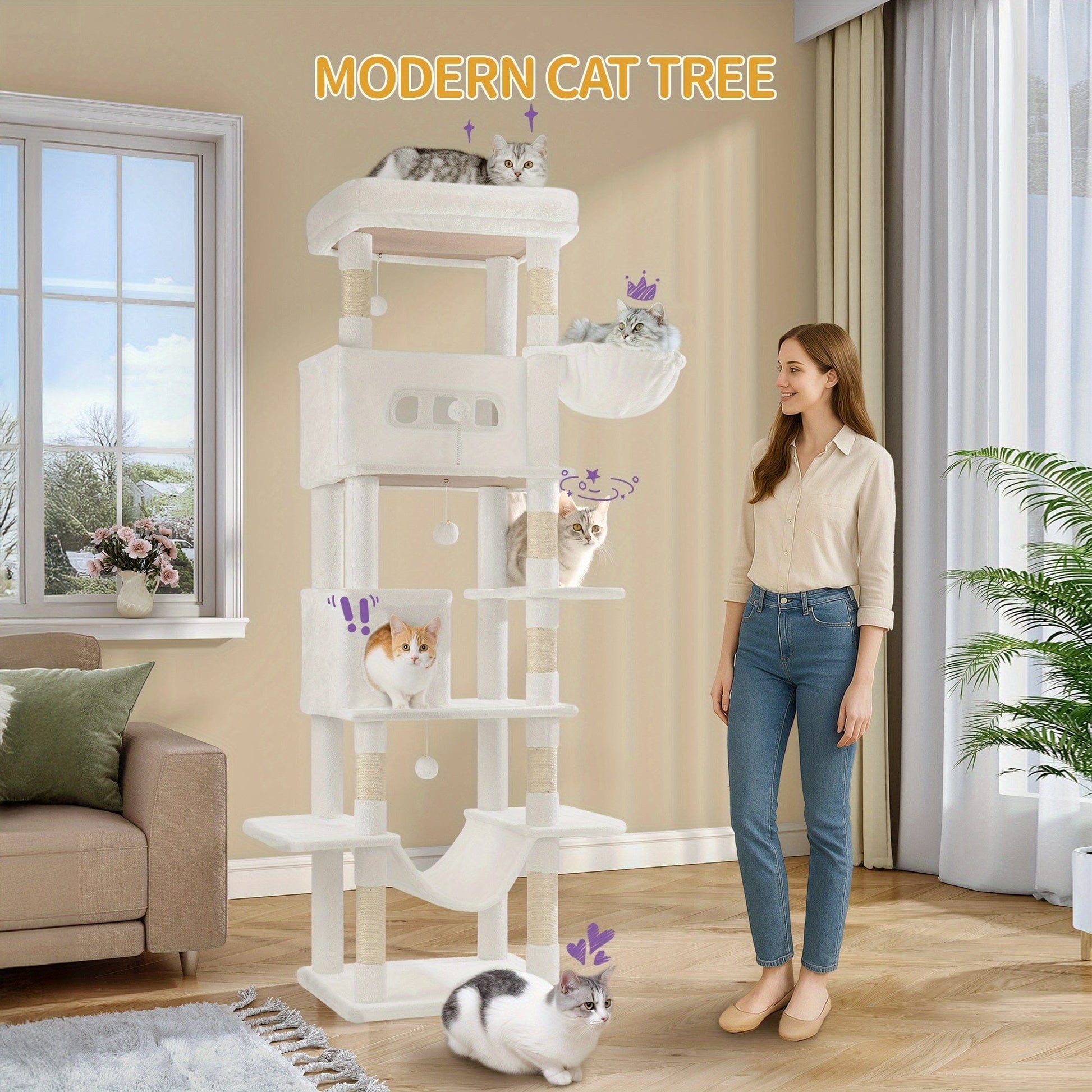 Arbre à chat XXL 210 cm – Tour multi - niveaux, 2 niches, hamac & griffoirs - One PETS - TOP