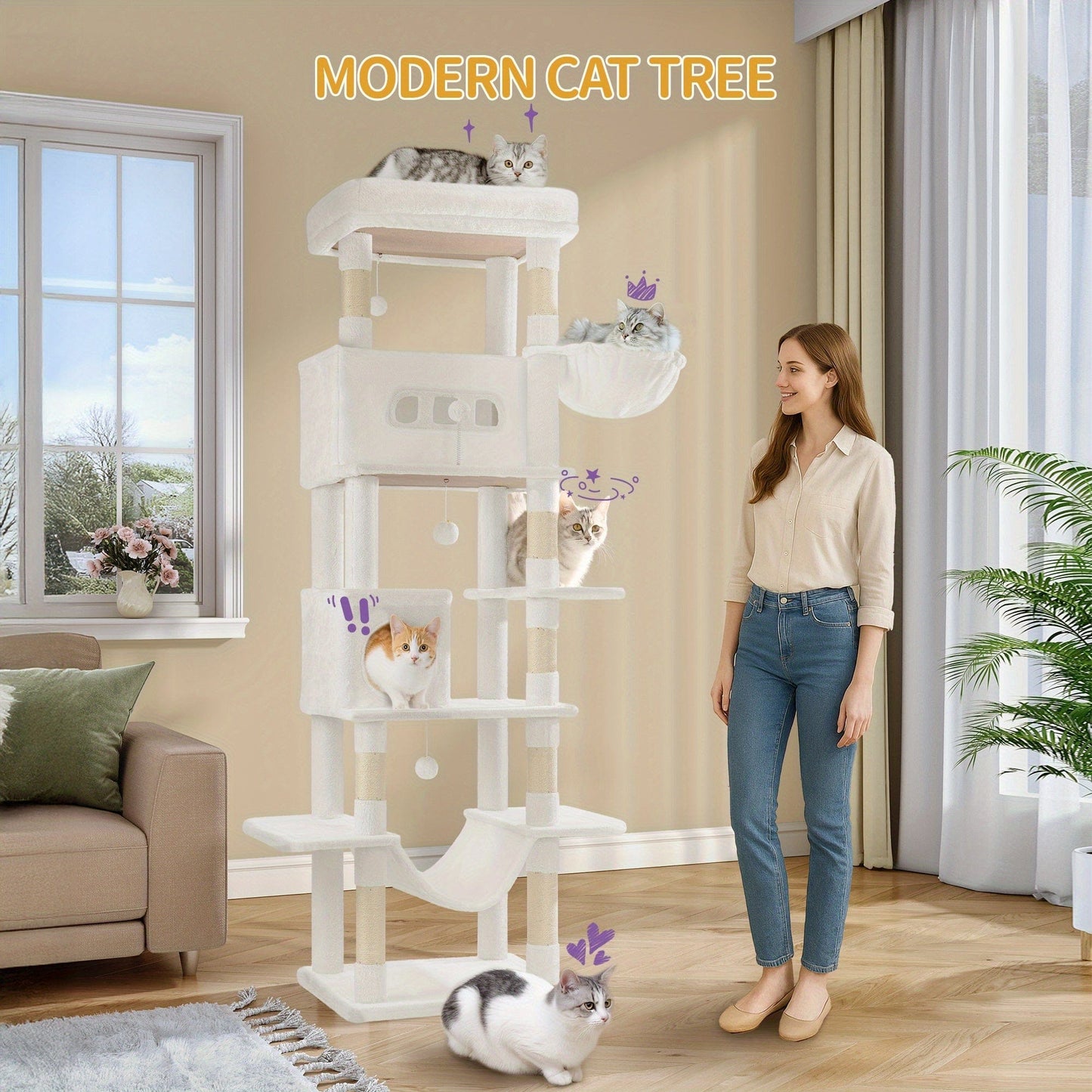 Arbre à chat XXL 210 cm – Tour multi-niveaux, 2 niches, hamac & griffoirs One PETS-TOP