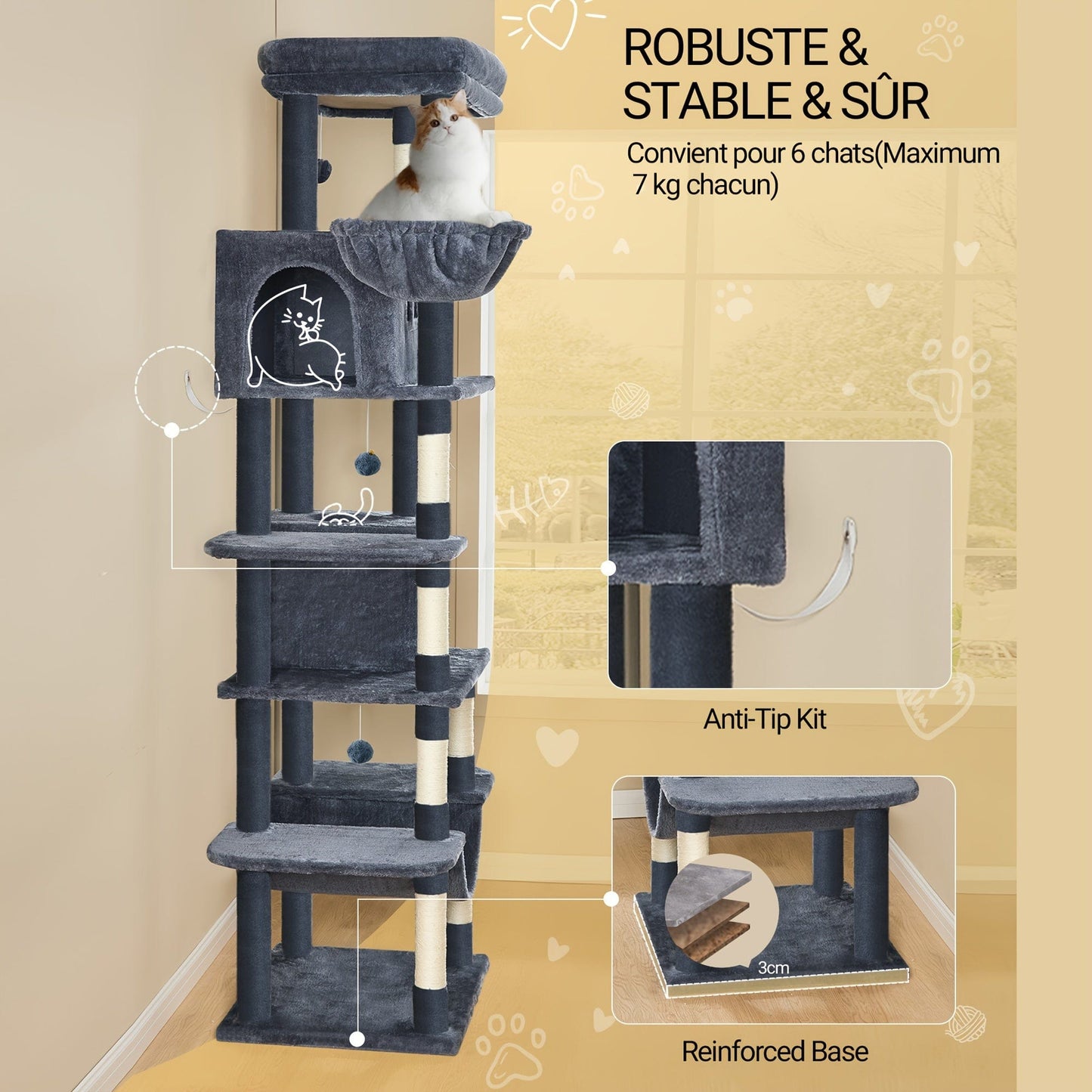 Arbre à chat XXL 210 cm – Tour multi-niveaux, 2 niches, hamac & griffoirs One PETS-TOP