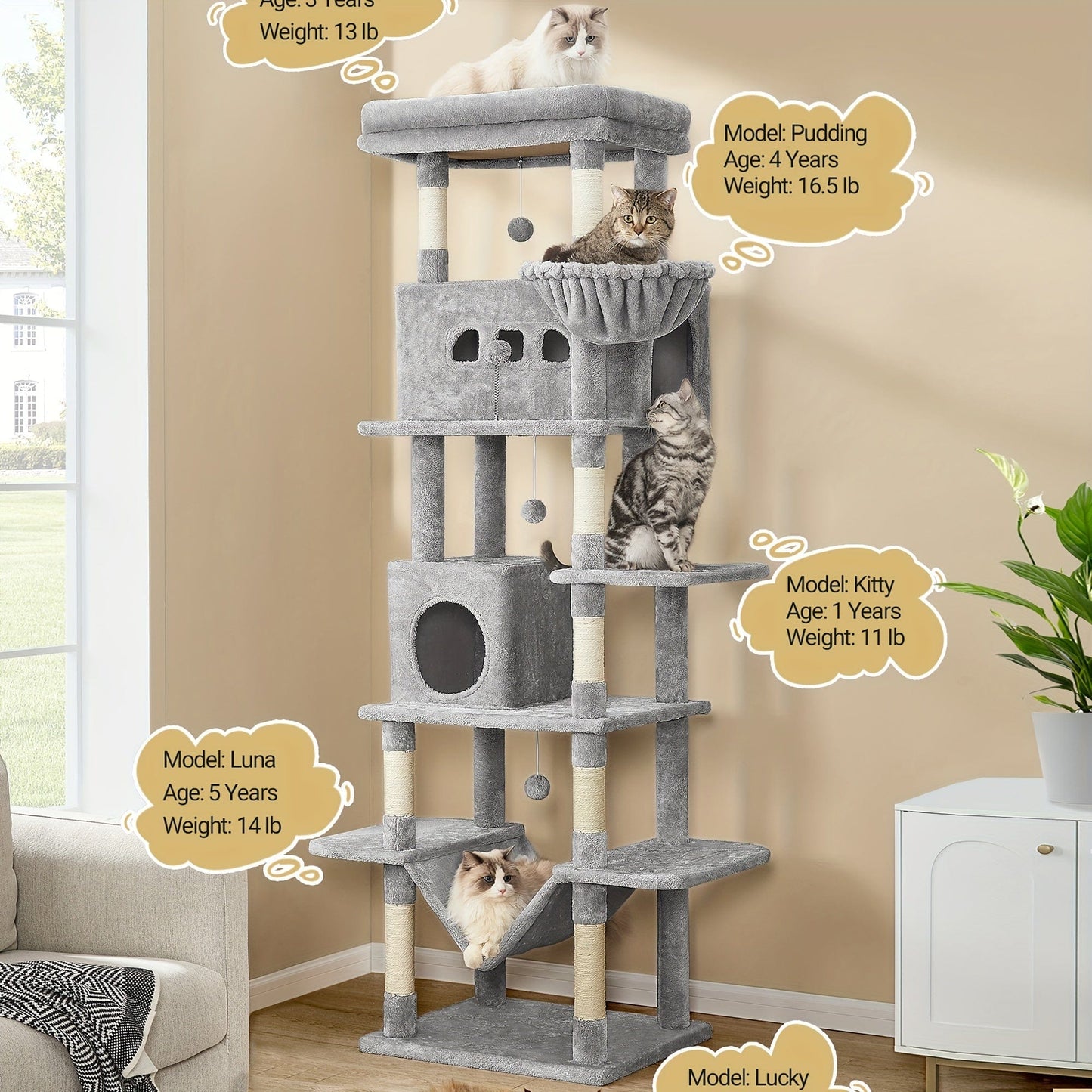 Arbre à chat XXL 210 cm – Tour multi-niveaux, 2 niches, hamac & griffoirs One PETS-TOP