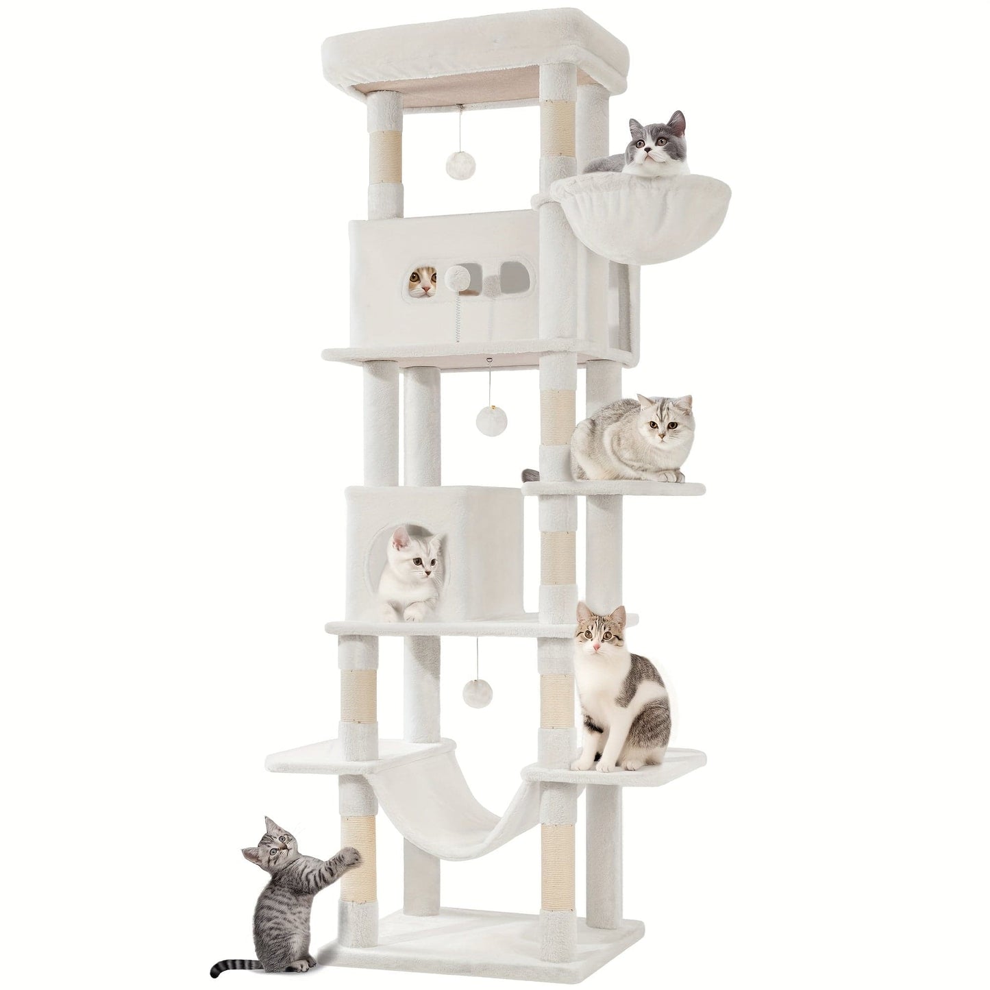 Arbre à chat XXL 210 cm – Tour multi-niveaux, 2 niches, hamac & griffoirs Blanc Crème One PETS-TOP