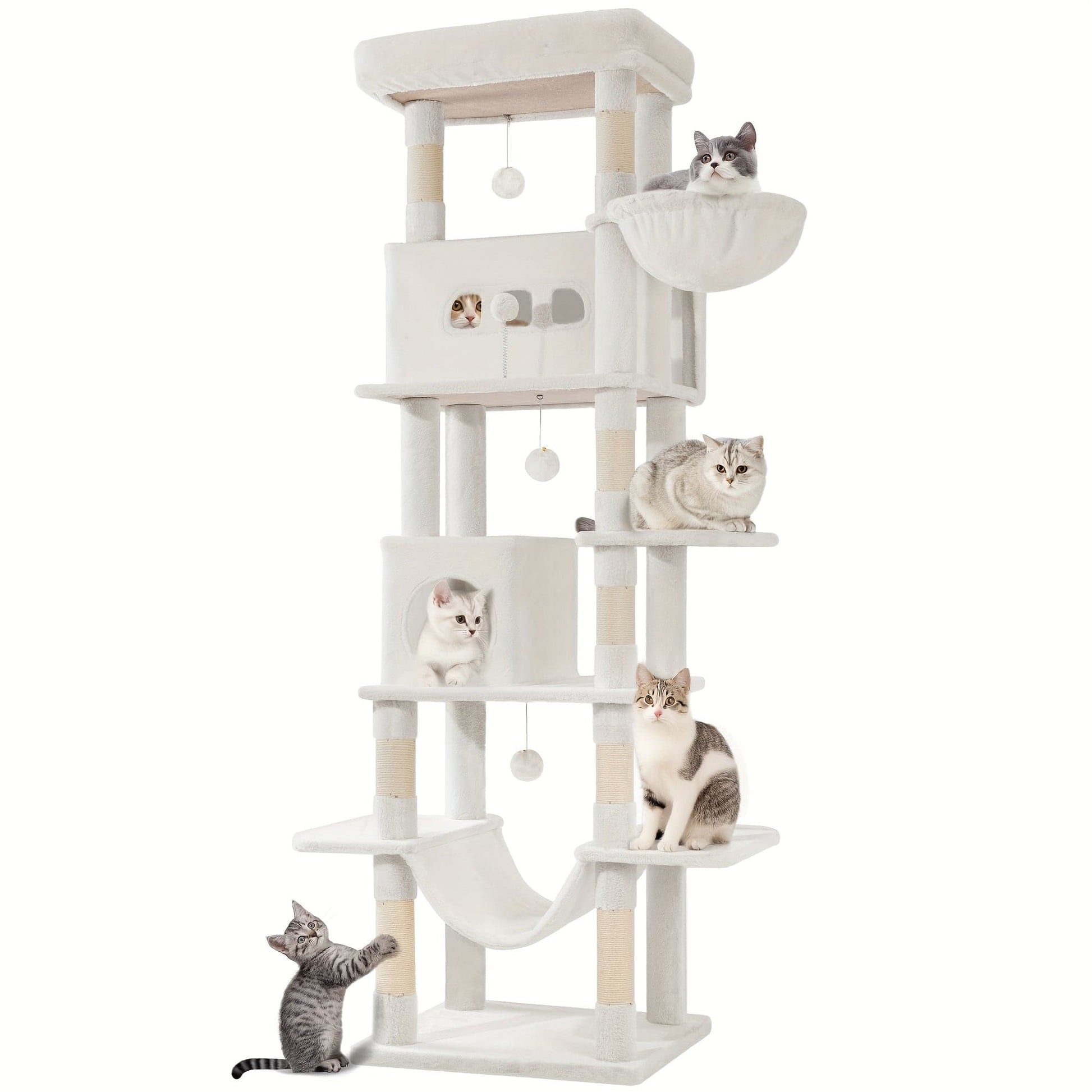 Arbre à chat XXL 210 cm – Tour multi-niveaux, 2 niches, hamac & griffoirs Blanc Crème One PETS-TOP