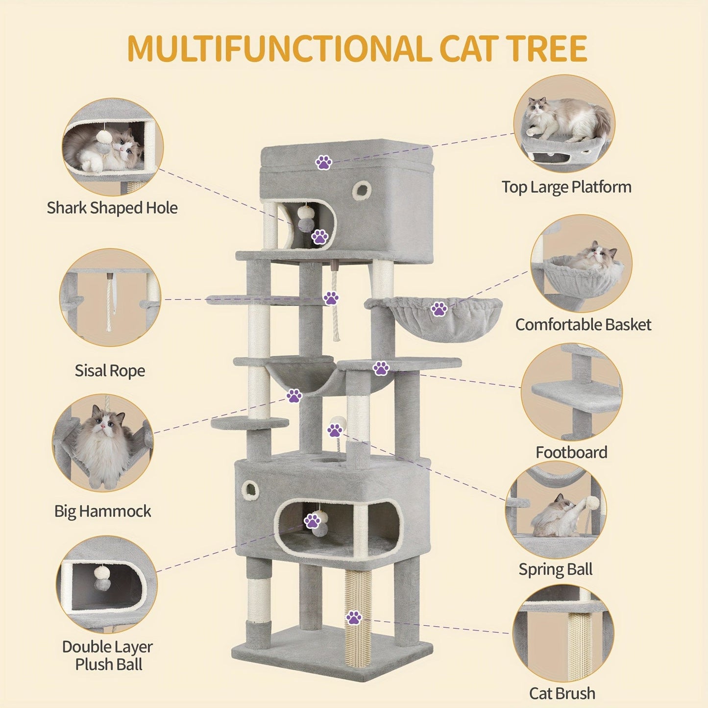 Arbre à chat XXL – 7 poteaux griffoirs, hamac & 2 niches - One PETS - TOP