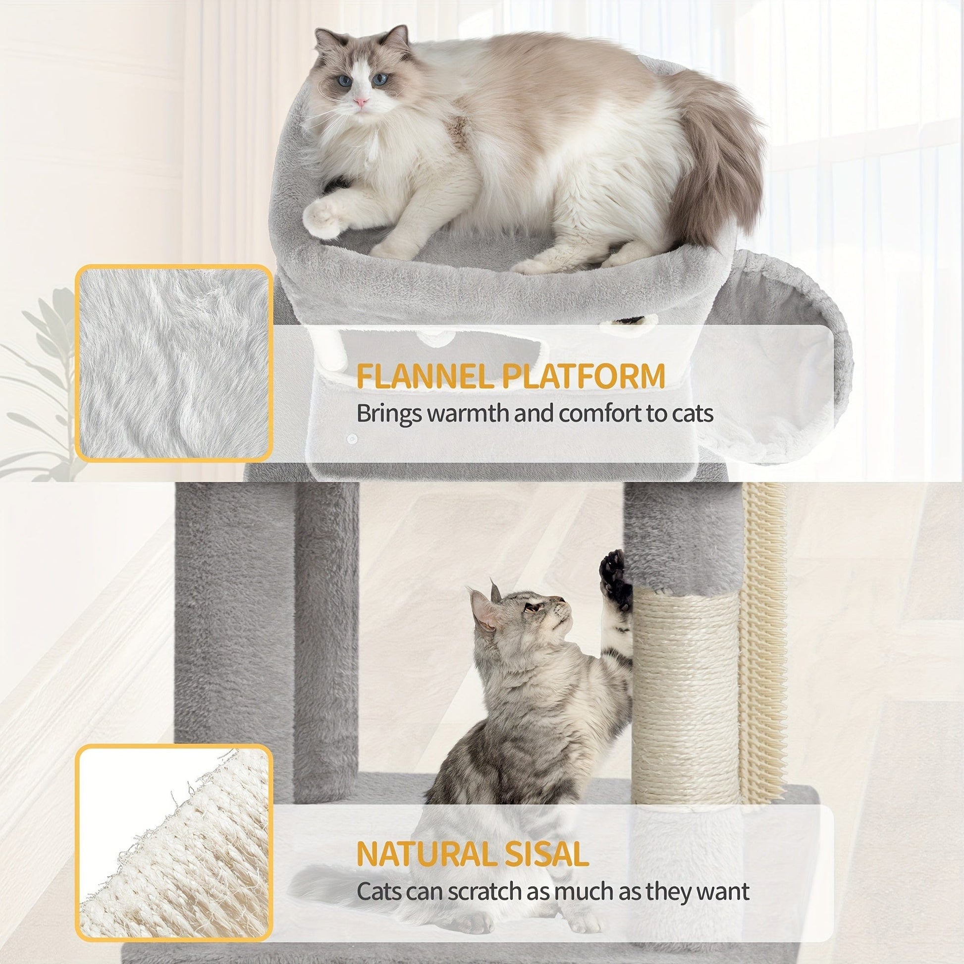 Arbre à chat XXL – 7 poteaux griffoirs, hamac & 2 niches Gris Clair One PETS-TOP