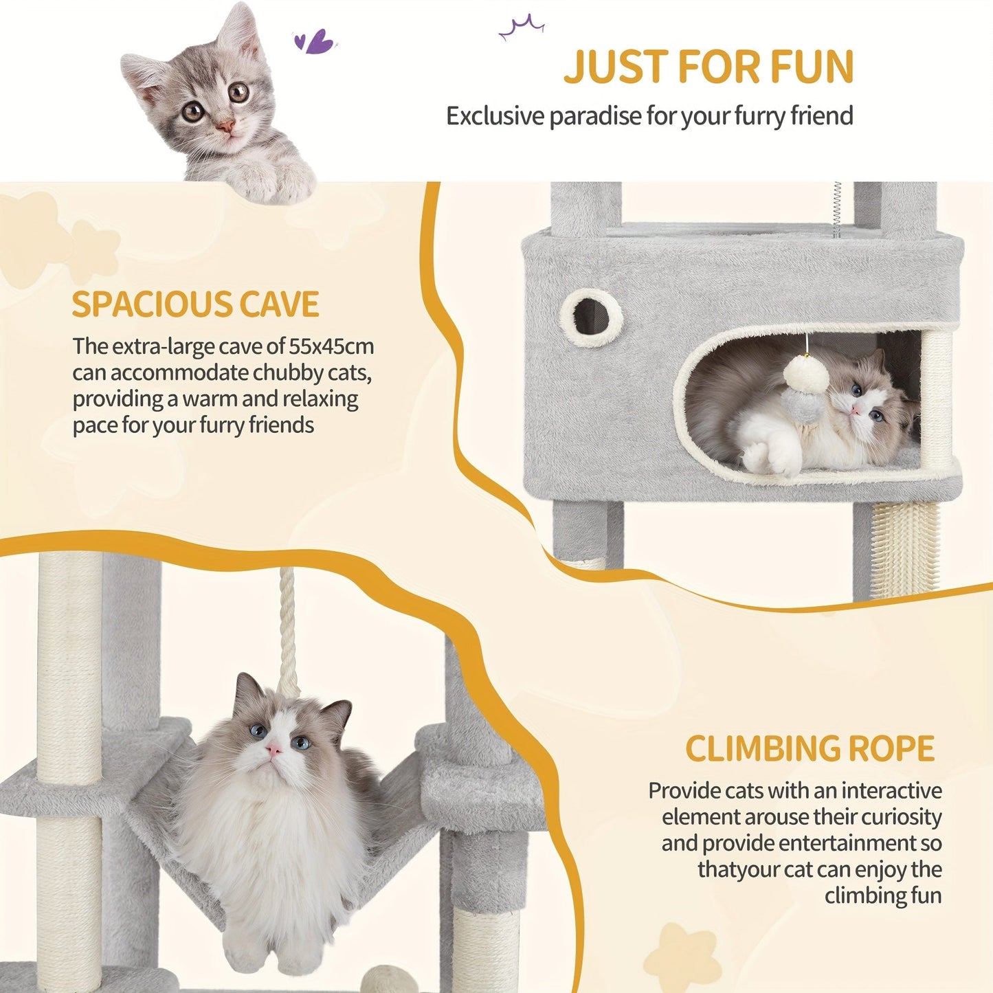 Arbre à chat XXL – 7 poteaux griffoirs, hamac & 2 niches Gris Clair One PETS-TOP