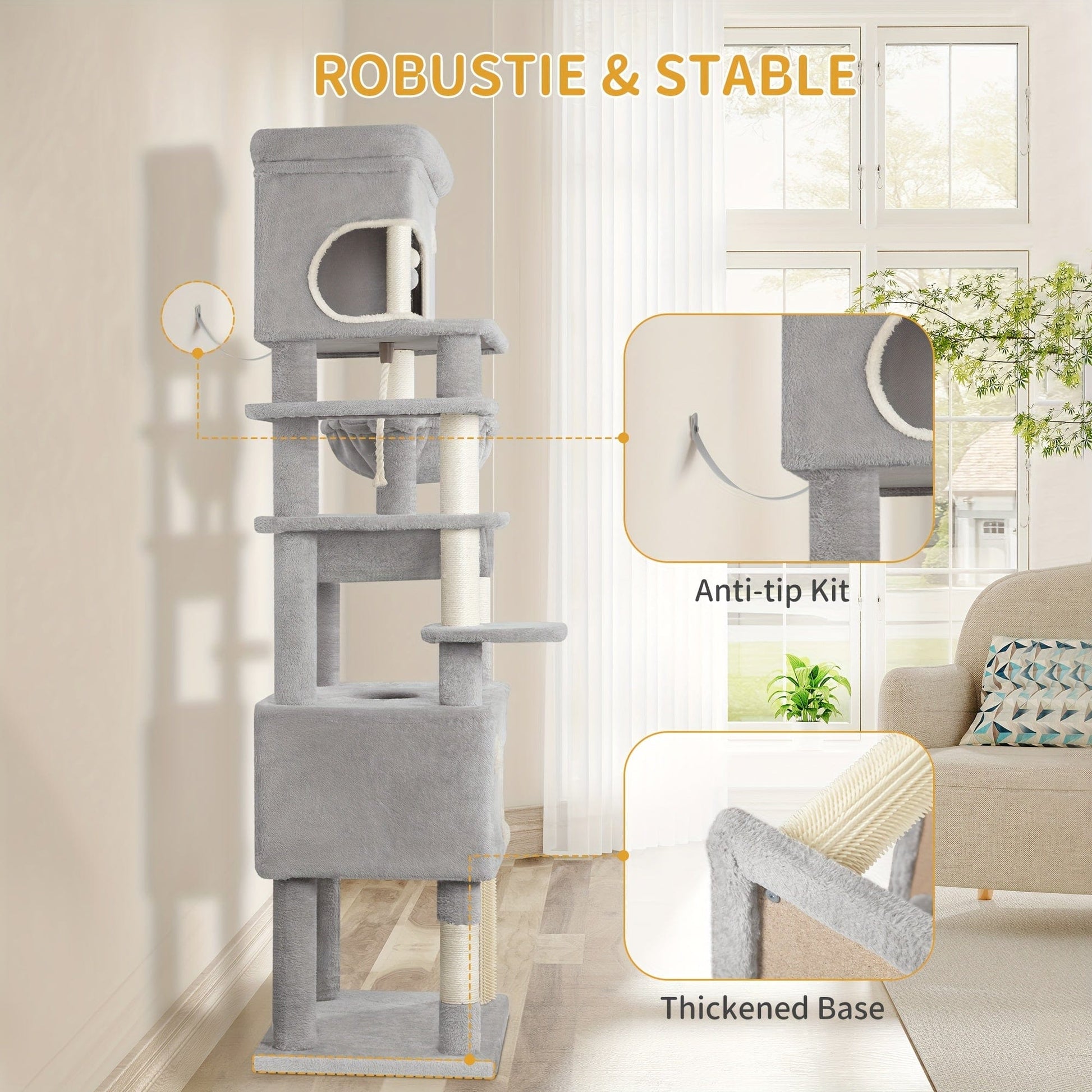 Arbre à chat XXL – 7 poteaux griffoirs, hamac & 2 niches Gris Clair One PETS-TOP