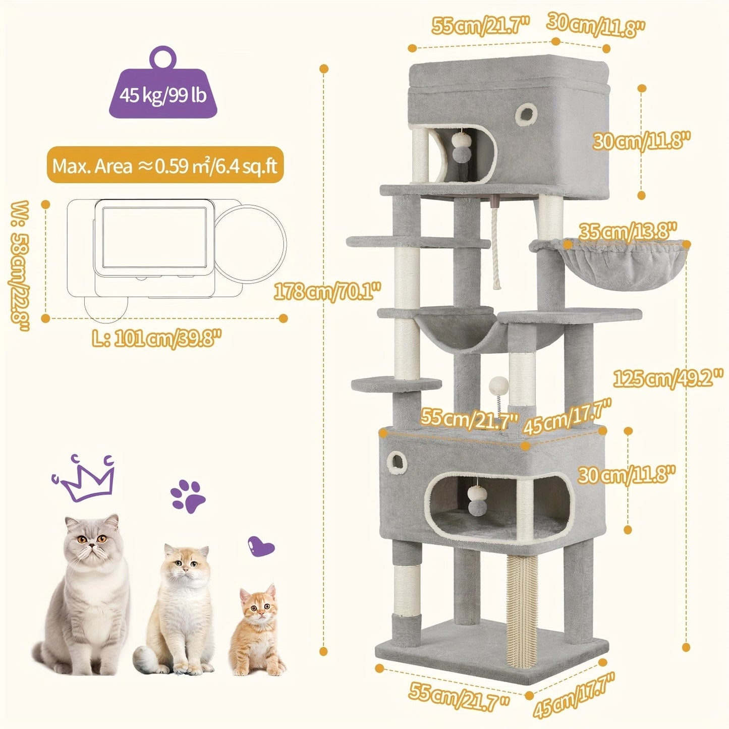Arbre à chat XXL – 7 poteaux griffoirs, hamac & 2 niches Gris Clair One PETS-TOP