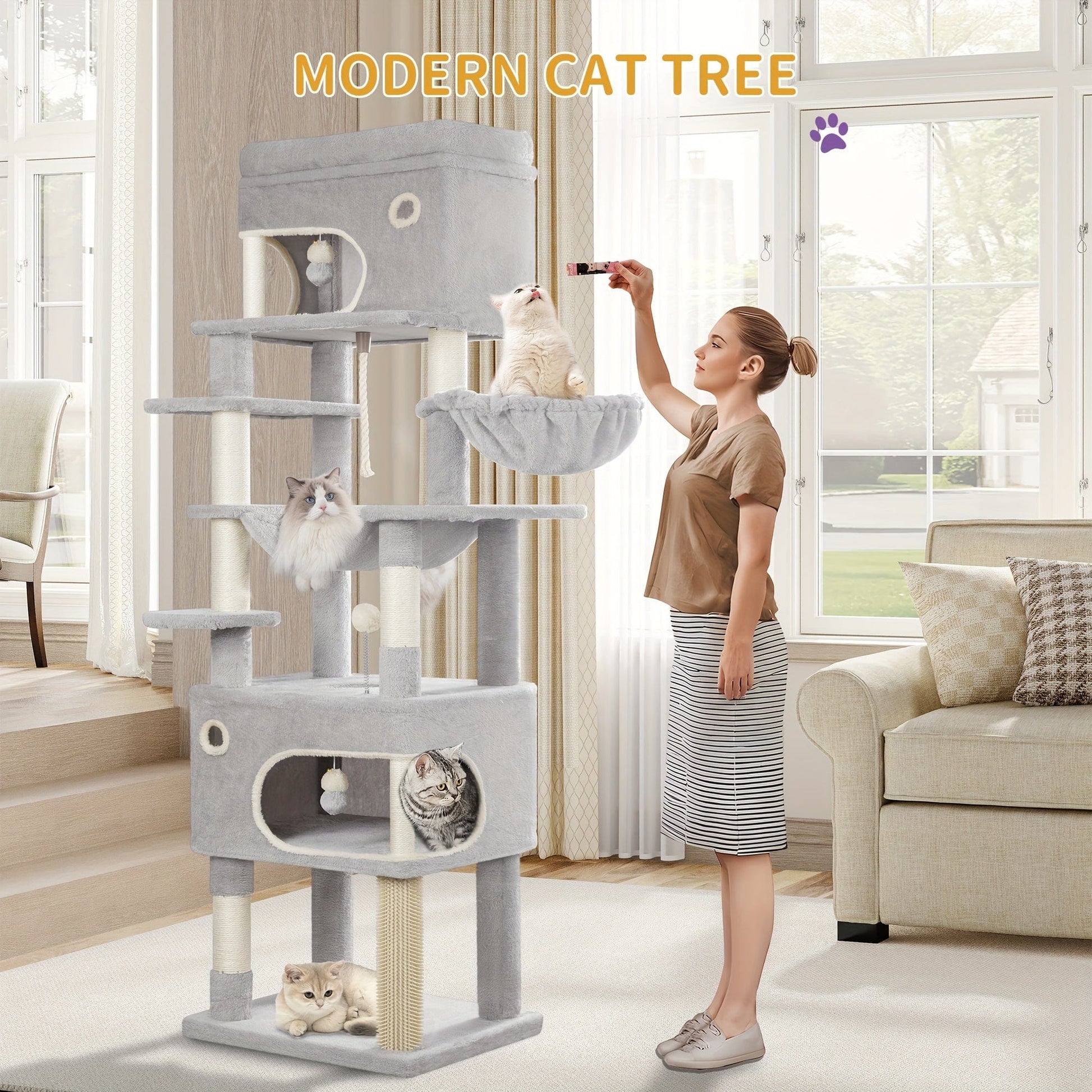 Arbre à chat XXL – 7 poteaux griffoirs, hamac & 2 niches Gris Clair One PETS-TOP