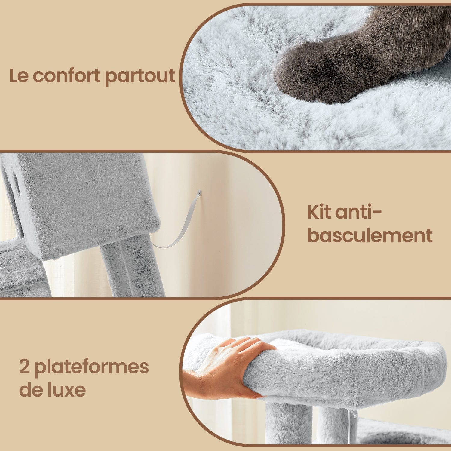 Arbre à chat XXL ultra-doux – Grands chats, stabilité & confort premium Gris Perle One PETS-TOP