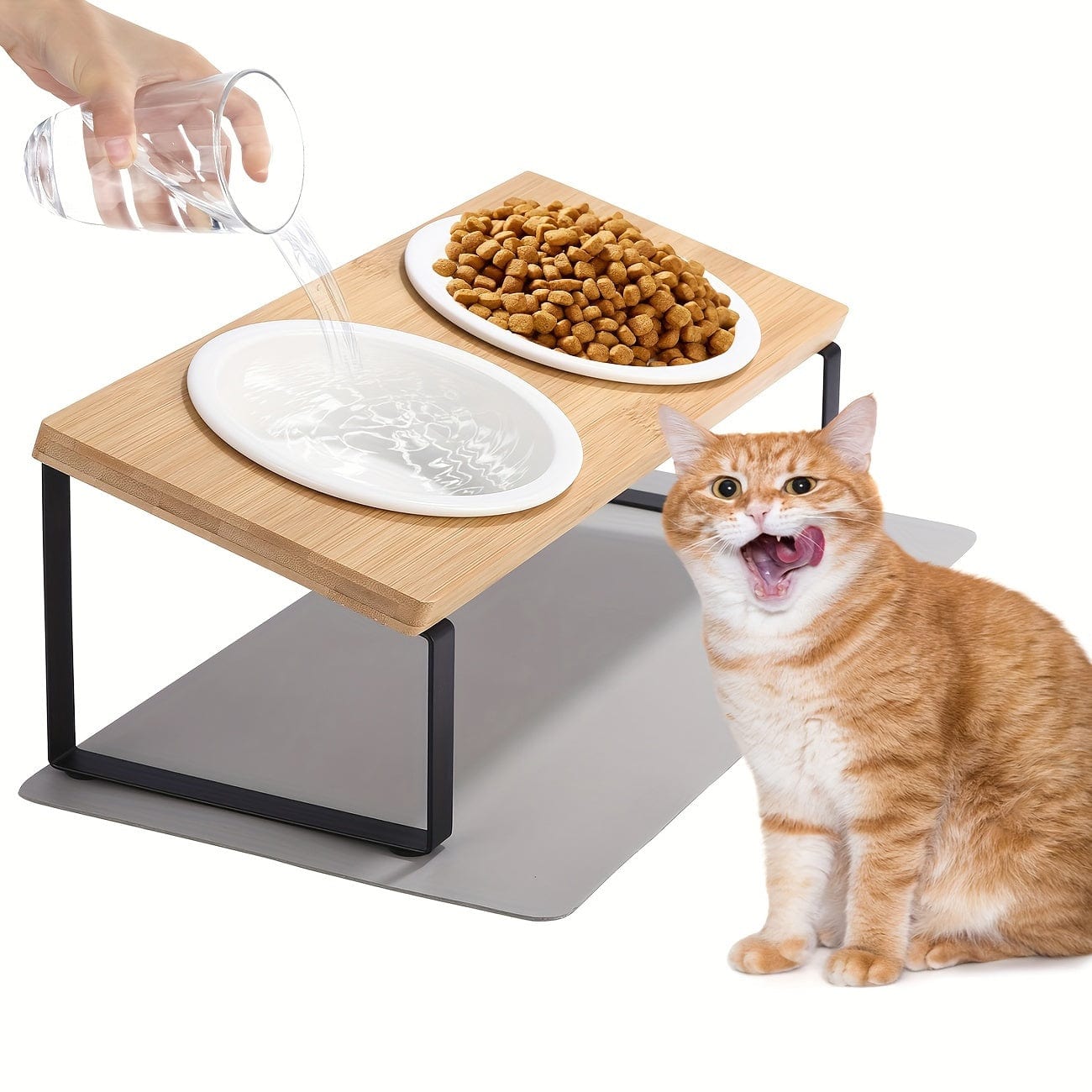 Bol surélevé incliné 15° pour chat & chien – Support bambou + bol céramique - One PETS - TOP