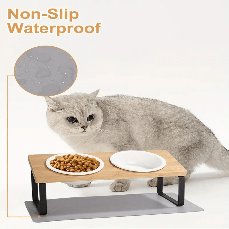 Bol surélevé incliné 15° pour chat & chien – Support bambou + bol céramique - One PETS - TOP