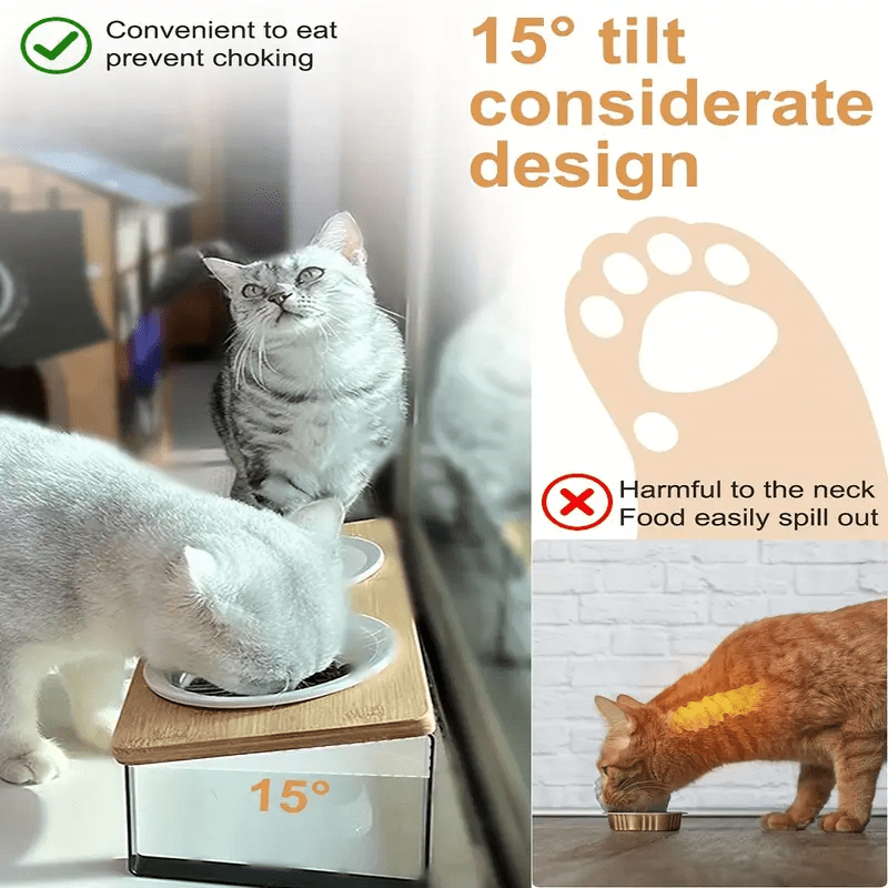 Bol surélevé incliné 15° pour chat & chien – Support bambou + bol céramique Bois Naturel One PETS-TOP