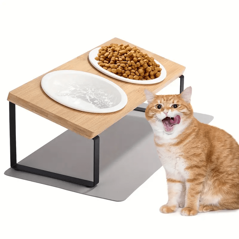 Bol surélevé incliné 15° pour chat & chien – Support bambou + bol céramique Bois Naturel One PETS-TOP