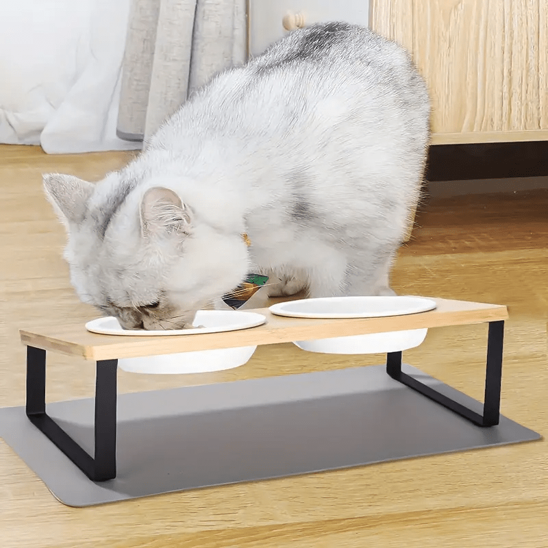 Bol surélevé incliné 15° pour chat & chien – Support bambou + bol céramique Bois Naturel One PETS-TOP