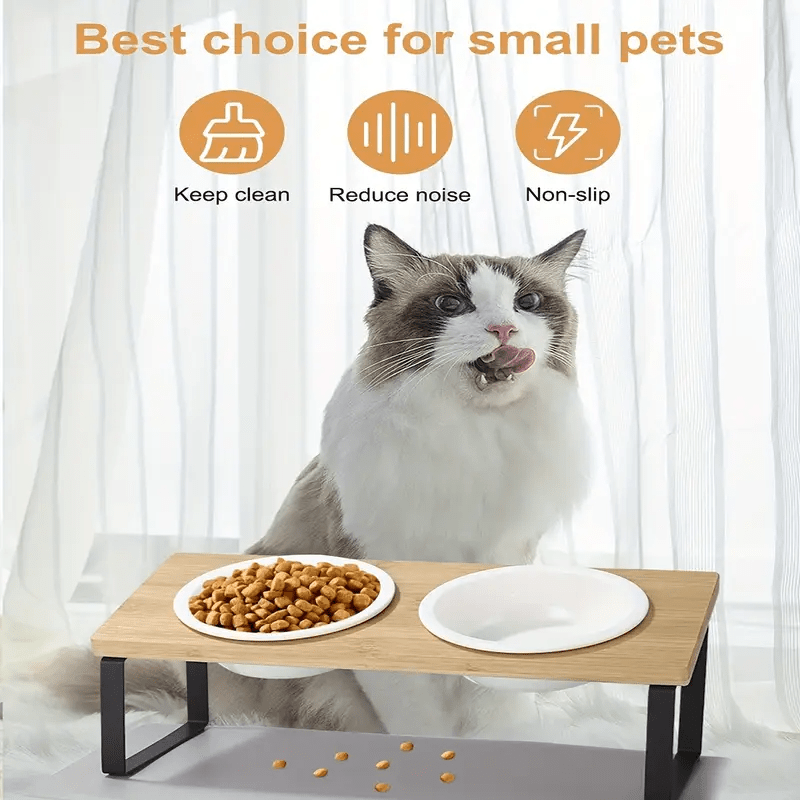 Bol surélevé incliné 15° pour chat & chien – Support bambou + bol céramique Bois Naturel One PETS-TOP