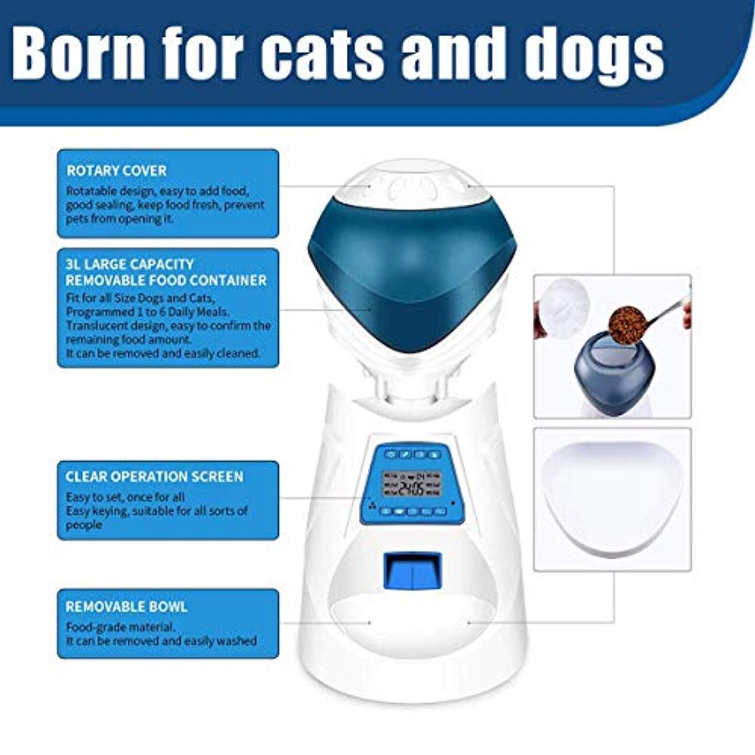 Distributeur Automatique Pour Animaux Domestiques 6 Repas Chien Chat Distributeur De Nourriture&Bol De Remplacement, Contrôle De Portion Et Enregistrement Vocal - Supporte Batterie Et Adaptateur - One PETS - TOP