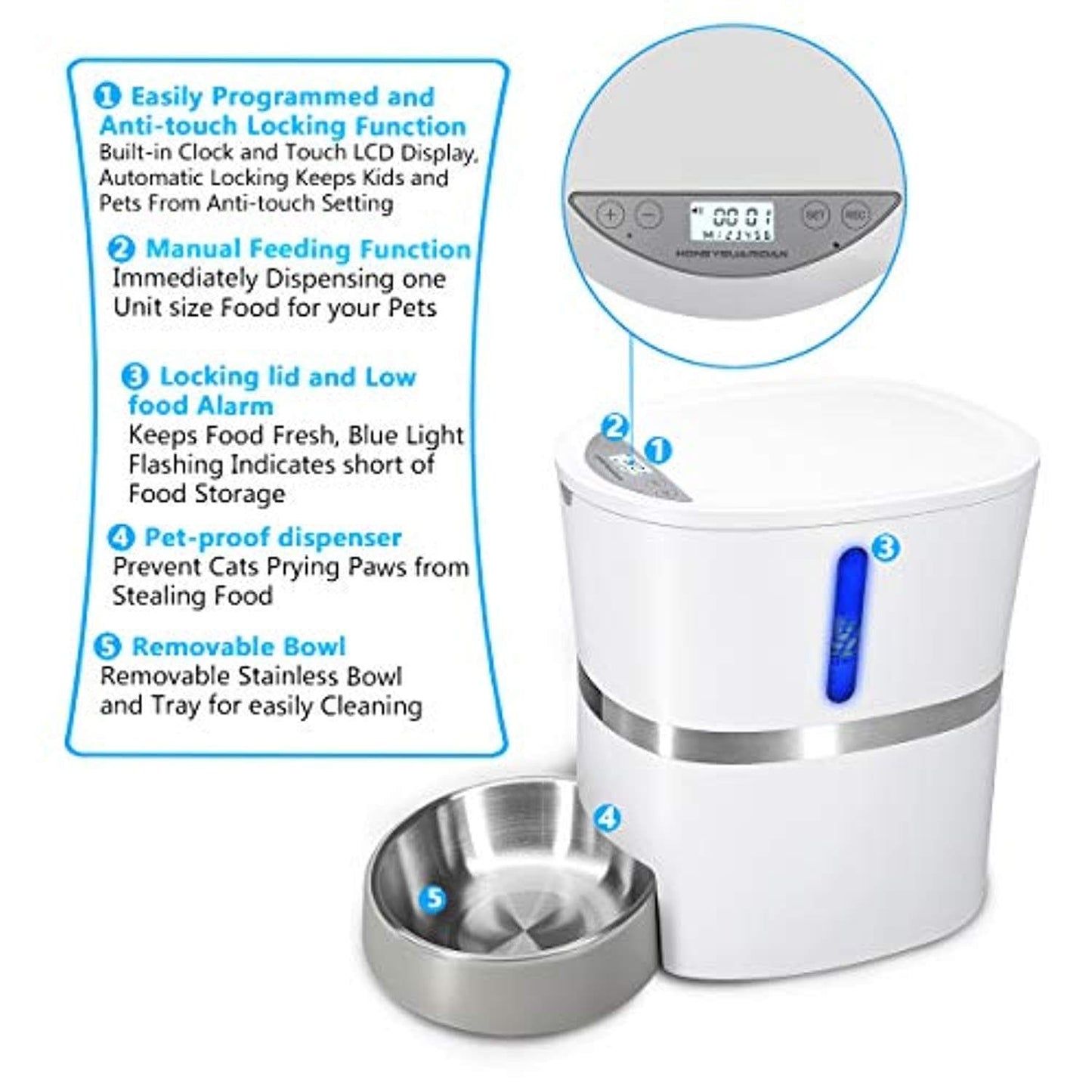 Distributeur Automatique Pour Animaux Domestiques, Chien Chat Distributeur De Nourriture&Gamelle En Inox, Contrôle De Portion Et Enregistrement Vocal - Supporte Batterie Et Adaptateur - One PETS - TOP