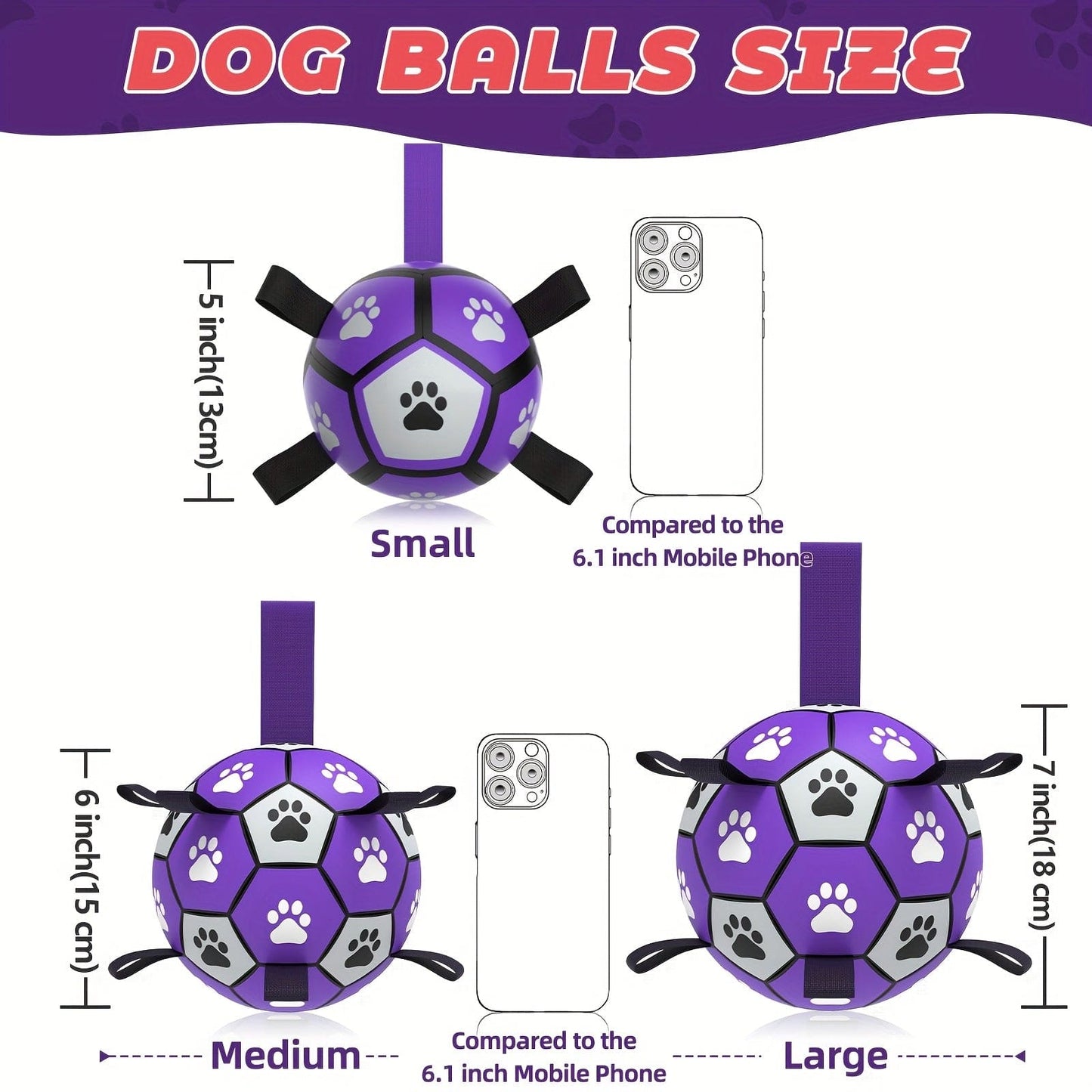 Durable Rubber Dog Soccer Ball with Straps - Interactive Chew-Resistant Pet Toy for All Breed Sizes, Purple & Black with Paw Print Design, Indoor/Outdoor Play & Training, Dog Ball Toy, Large Surface Area One PETS-TOP