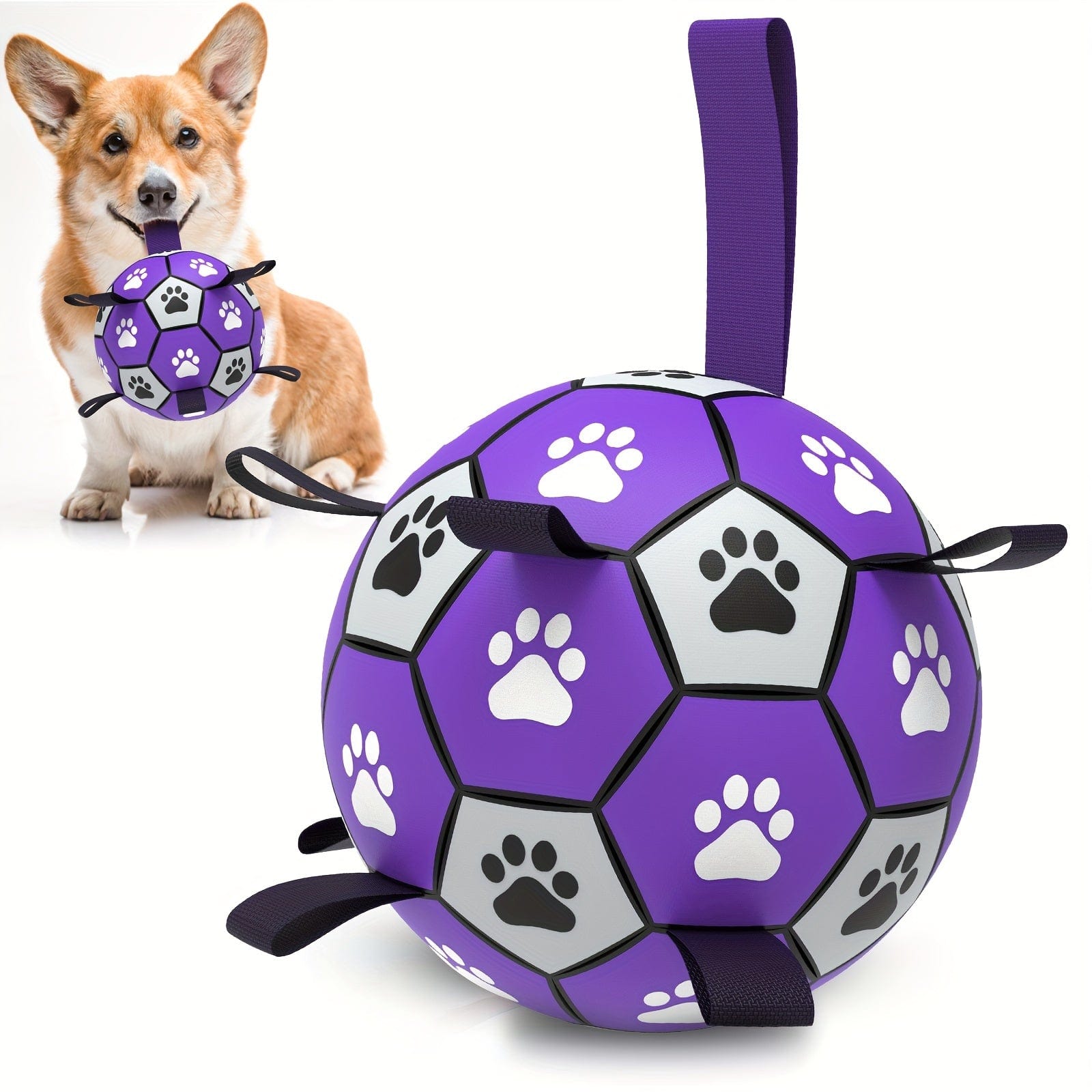 Durable Rubber Dog Soccer Ball with Straps - Interactive Chew-Resistant Pet Toy for All Breed Sizes, Purple & Black with Paw Print Design, Indoor/Outdoor Play & Training, Dog Ball Toy, Large Surface Area Purple Black / Medium One PETS-TOP