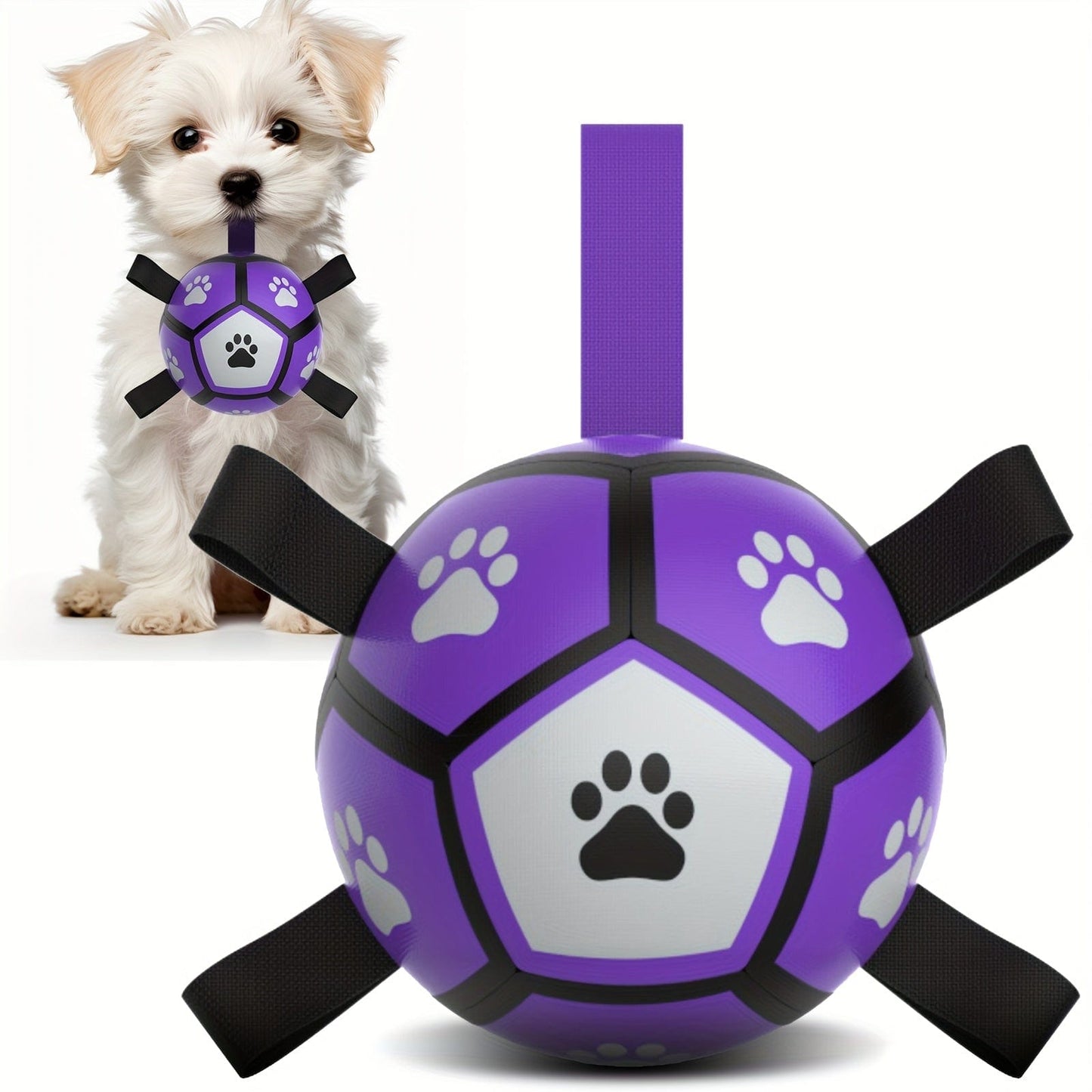 Durable Rubber Dog Soccer Ball with Straps - Interactive Chew-Resistant Pet Toy for All Breed Sizes, Purple & Black with Paw Print Design, Indoor/Outdoor Play & Training, Dog Ball Toy, Large Surface Area Purple Black / Small One PETS-TOP