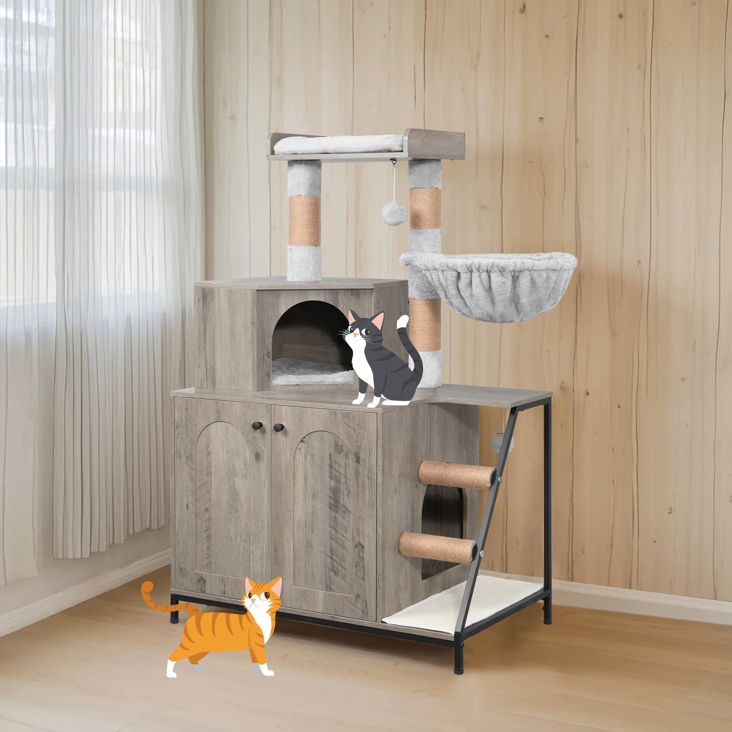 Meuble 4-en-1 chat – Cache-litière, arbre à chat & condo multi-niveaux