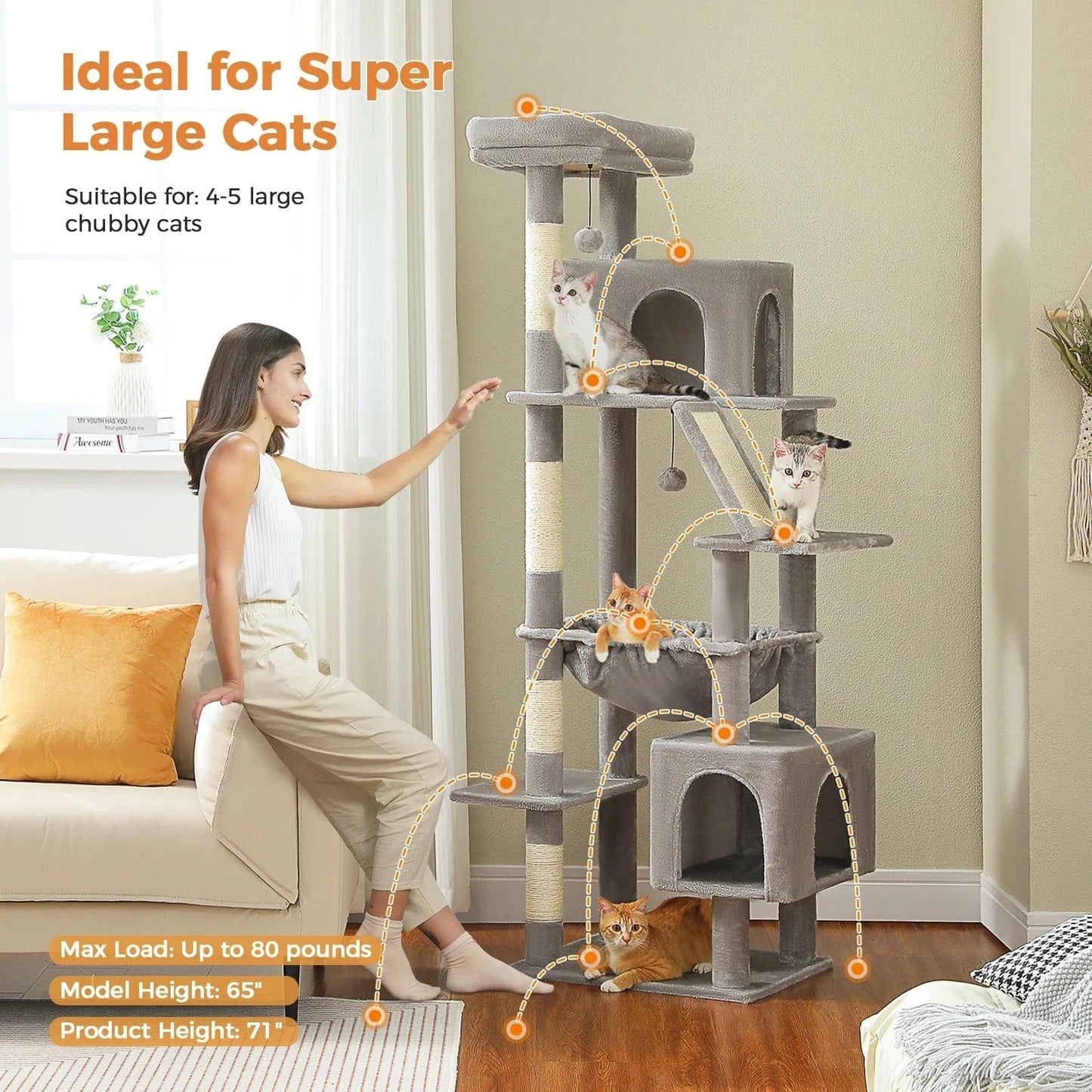 Grand arbre à chat 180cm – Tour avec hamac, griffoir sisal, jouets - One PETS - TOP
