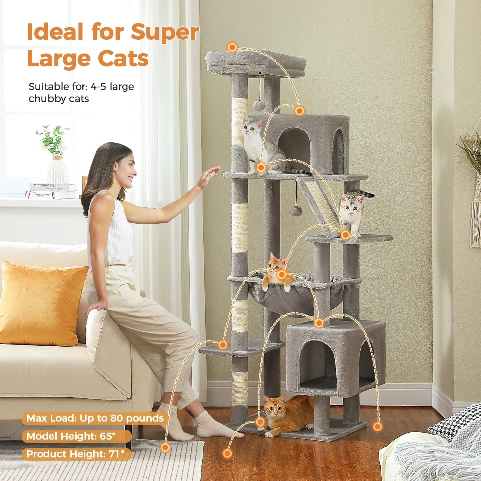 Grand arbre à chat 180cm – Tour avec hamac, griffoir sisal, jouets - One PETS - TOP