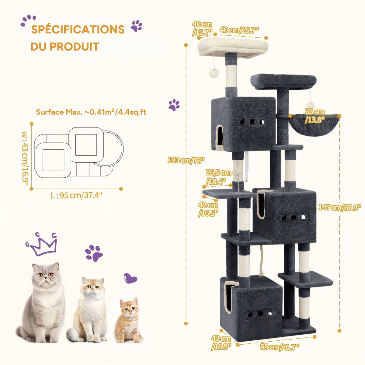 Arbre à chat XXL 193 cm Maine Coon - spécifications du produit gris foncé