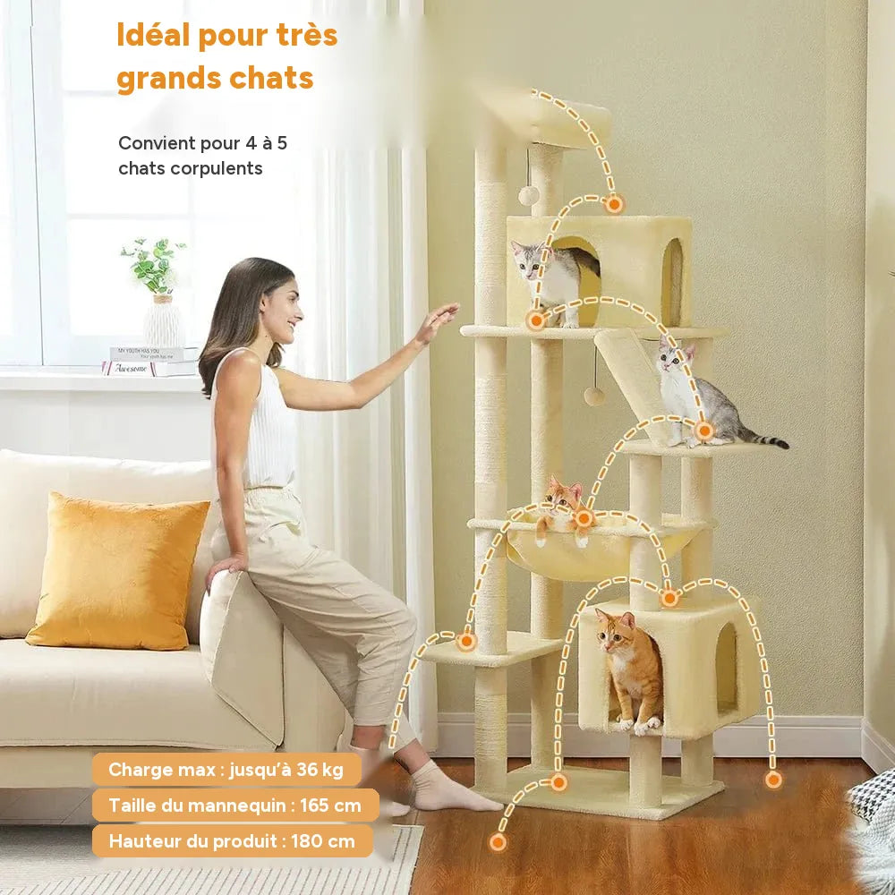 Grand arbre à chat 180cm – Tour avec hamac, griffoir sisal, jouets - One PETS-TOP – vue 18