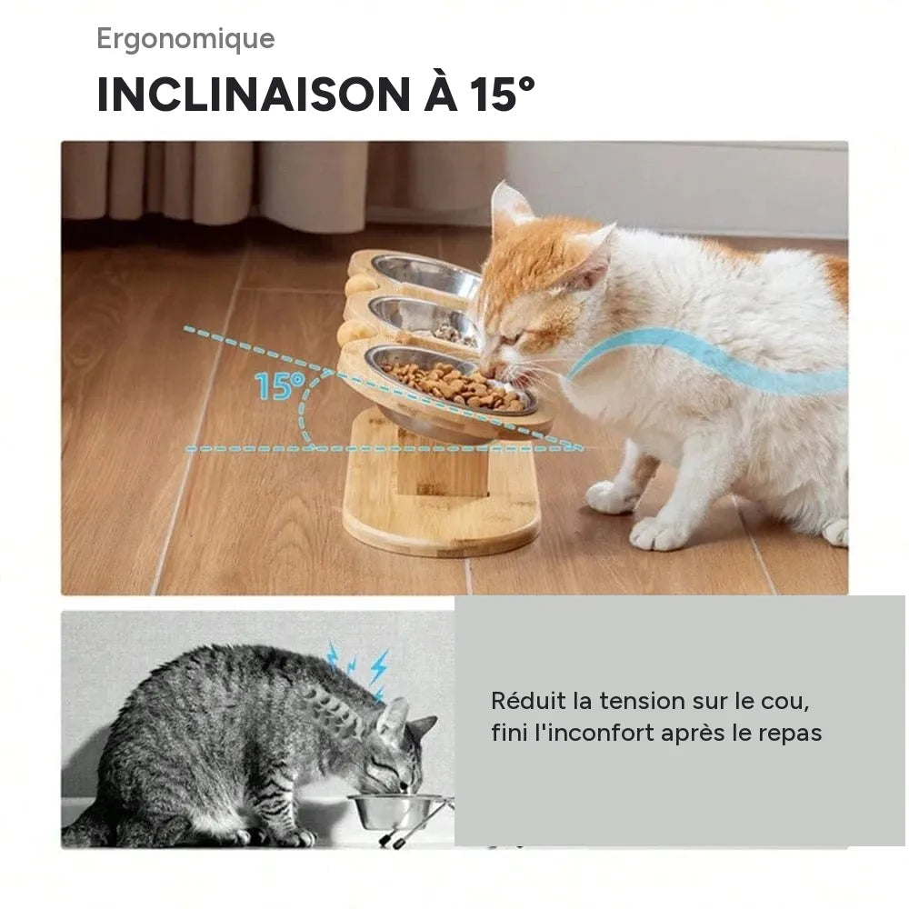 Mangeoire 3 - en - 1 pour chat & chiot – Bols inox surélevés avec support bois - One PETS-TOP – vue 3