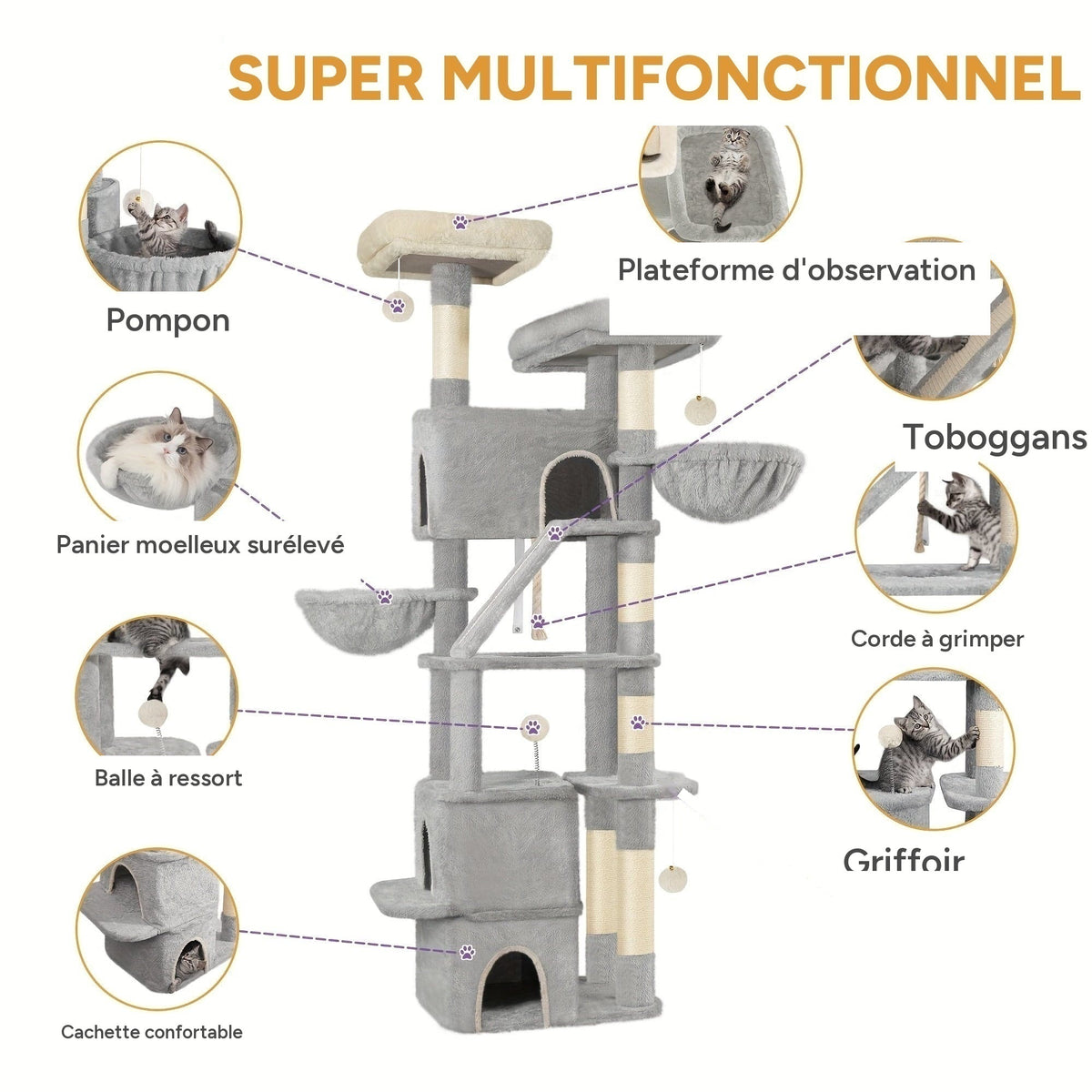 Arbre à chat XXL 185 cm - infographie multifonctionnelle