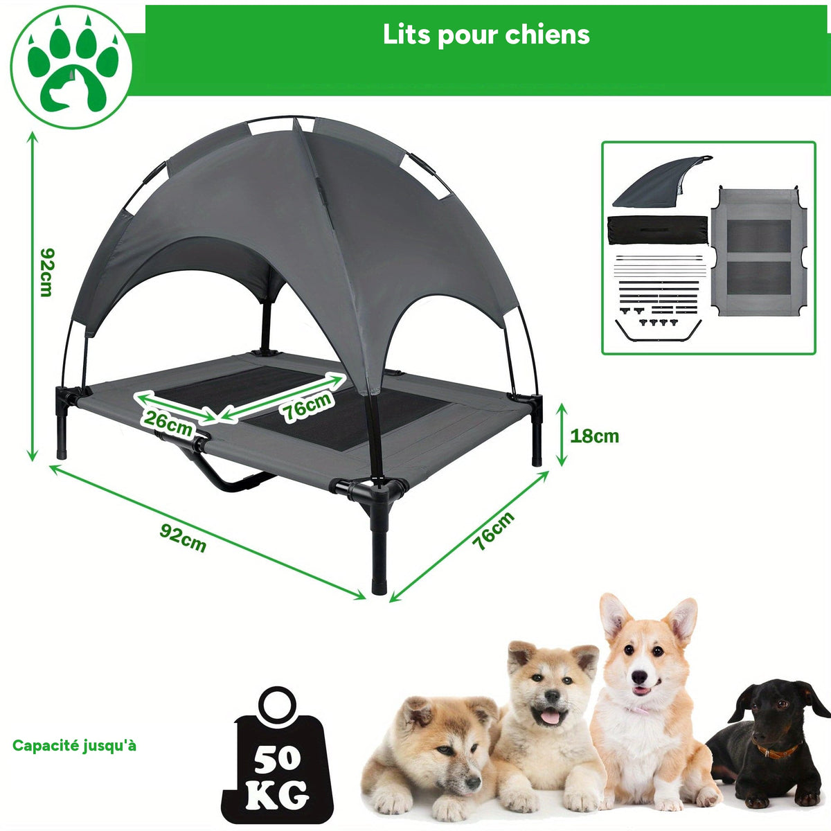 Lit surélevé pour chien avec auvent, couchage portable intérieur/extérieur – vue 2