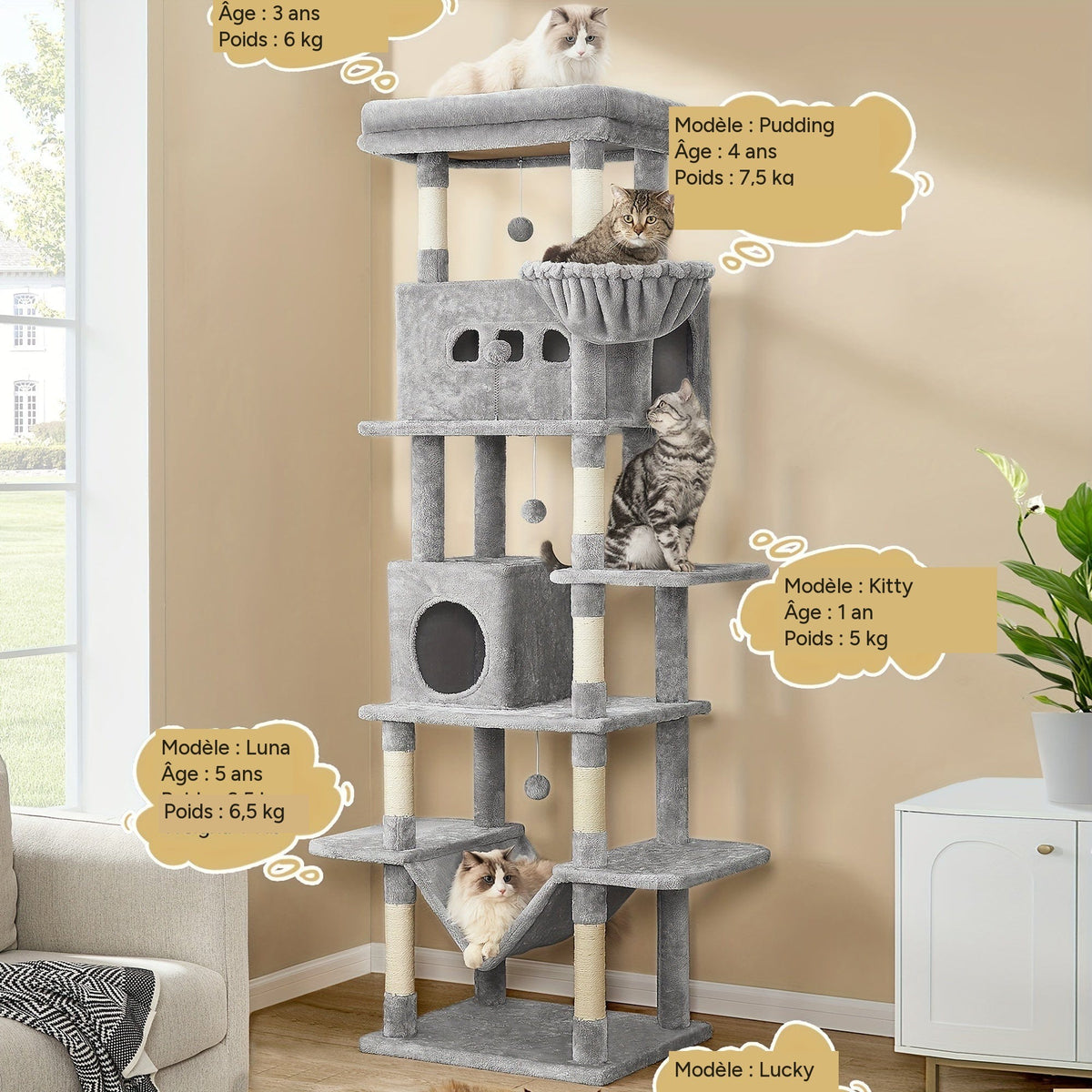 Arbre à chat XXL 170cm multi-niveaux griffoirs niches – détail 2