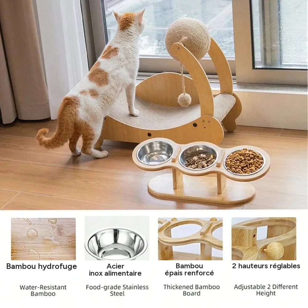 Mangeoire 3 - en - 1 pour chat & chiot – Bols inox surélevés avec support bois - One PETS-TOP – vue 4