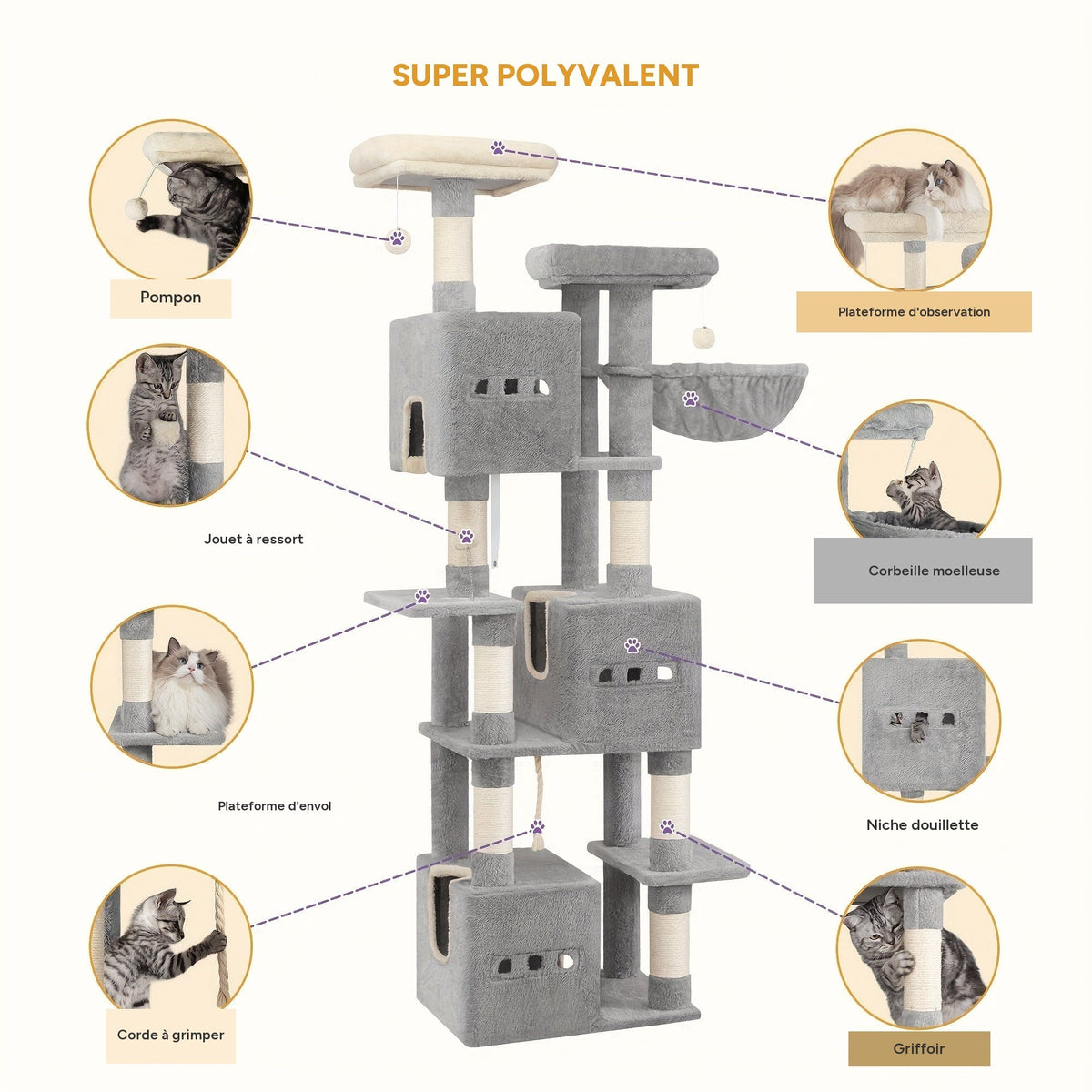 Arbre à chat XXL 193cm tour 7 niveaux niches griffoirs