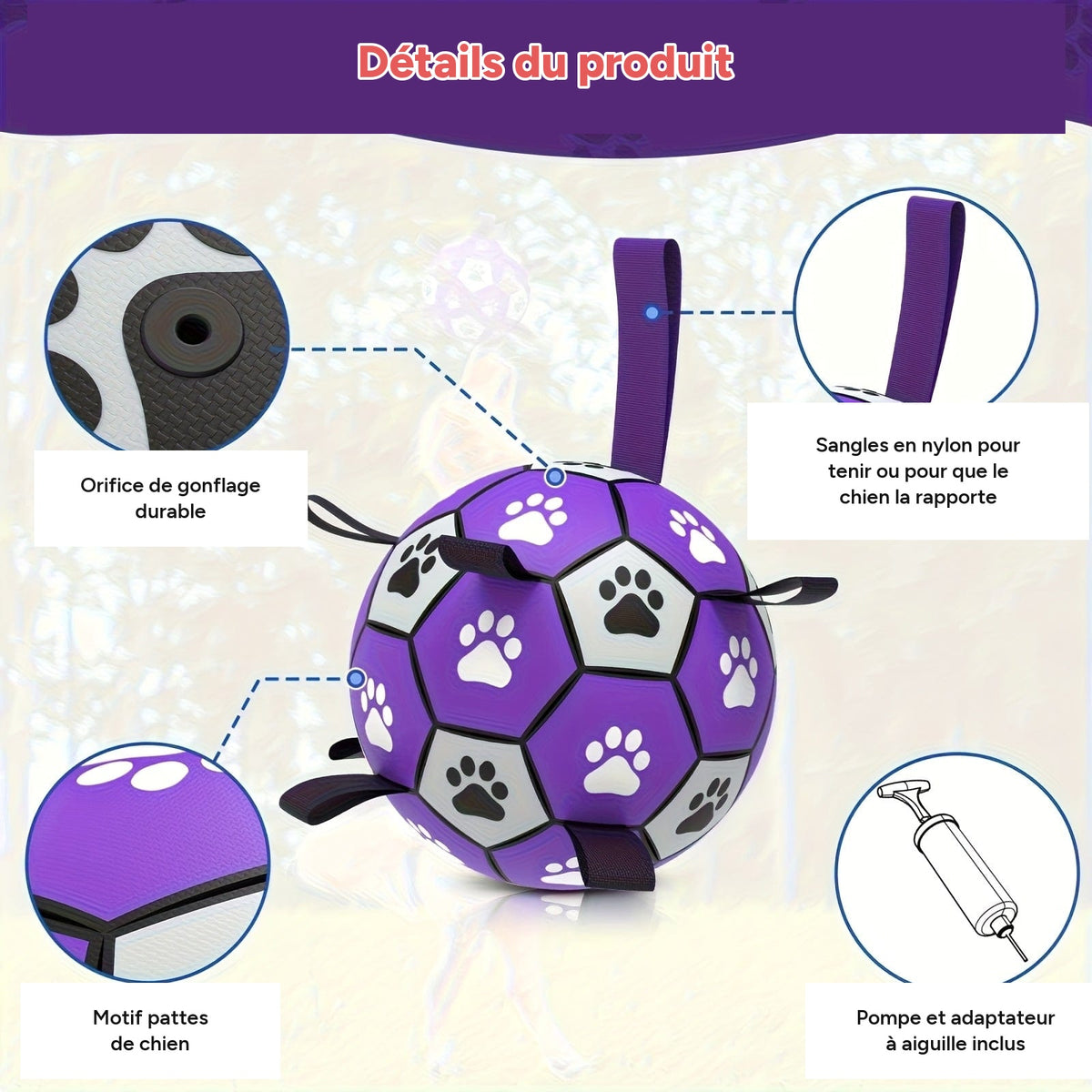 Ballon de foot pour chien resistant - jouet interactif avec sangles – vue 3