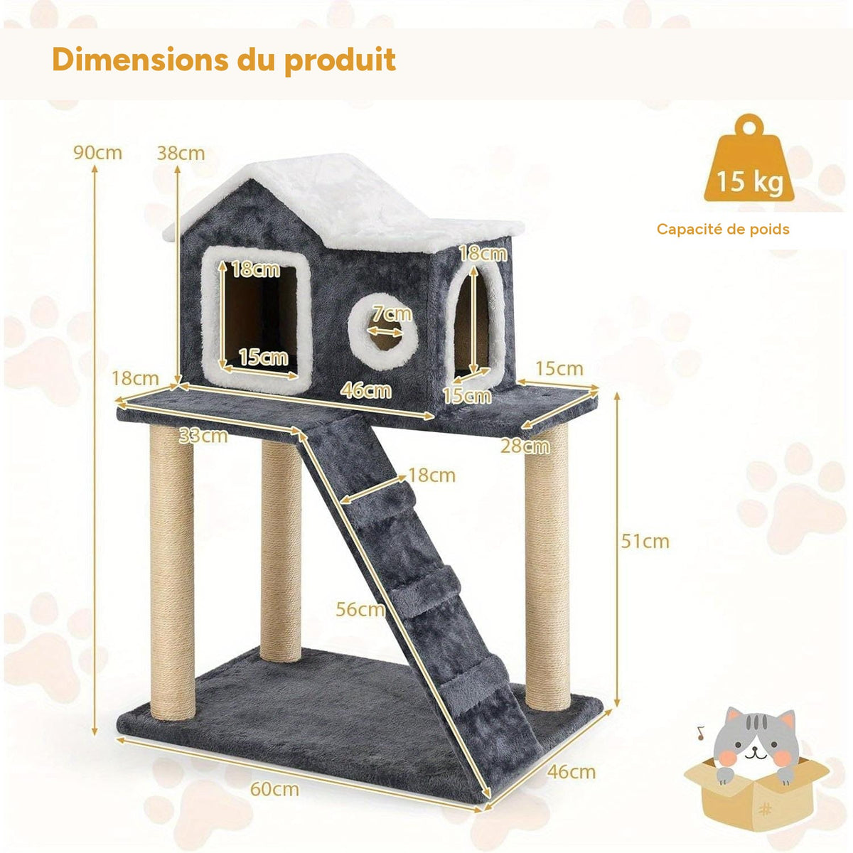 Arbre à chat 88 cm tour avec niche griffoirs sisal échelle