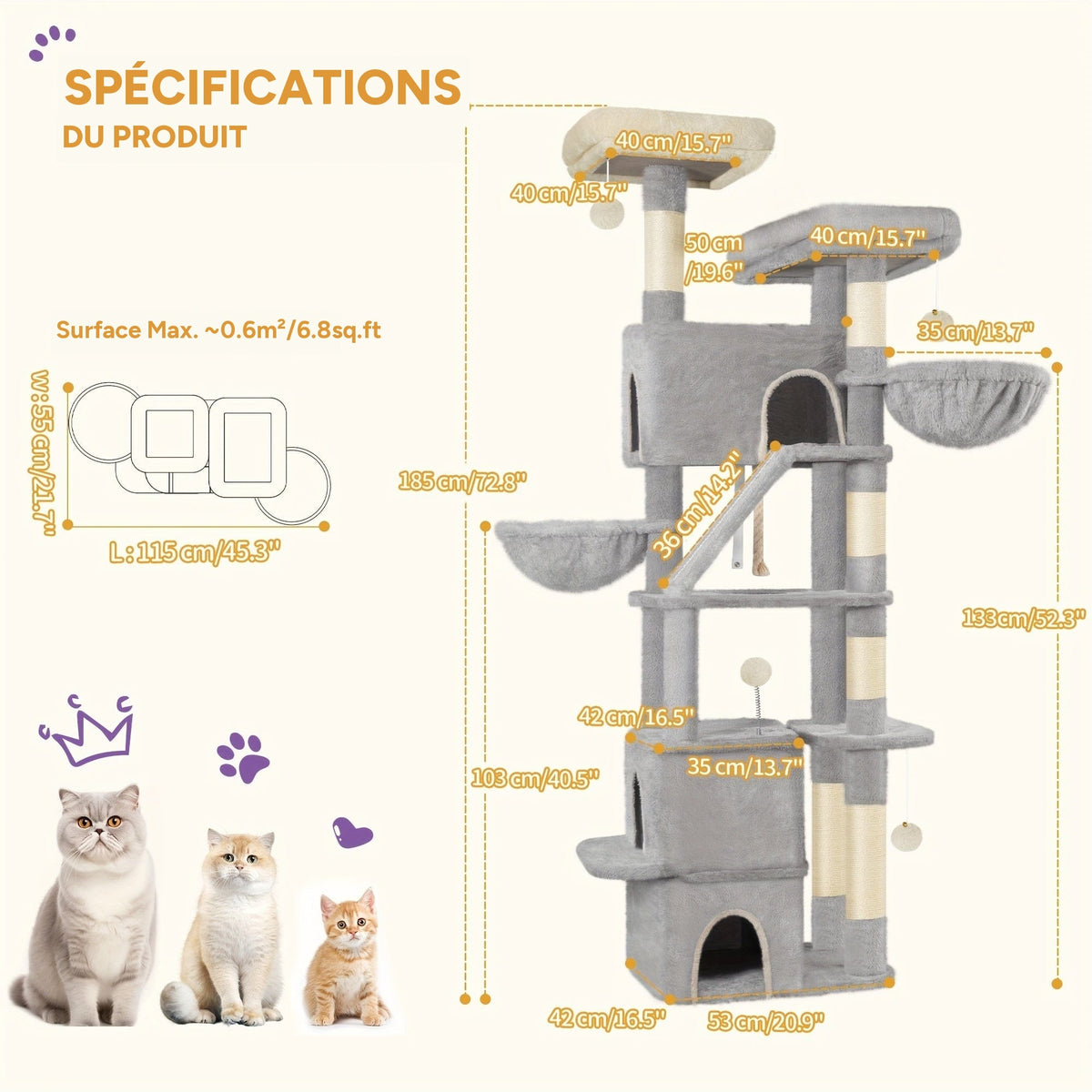 Arbre à chat XXL 185 cm - spécifications du produit