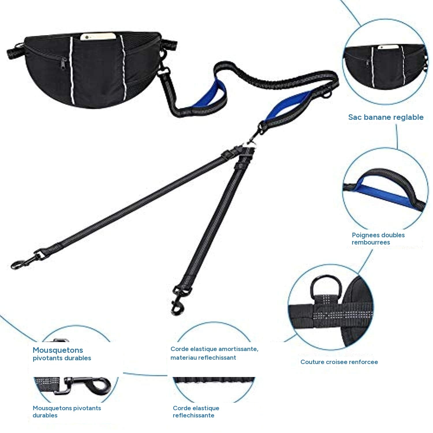 Laisse chien corde mains libres réglable réfléchissante - One PETS-TOP – vue 4