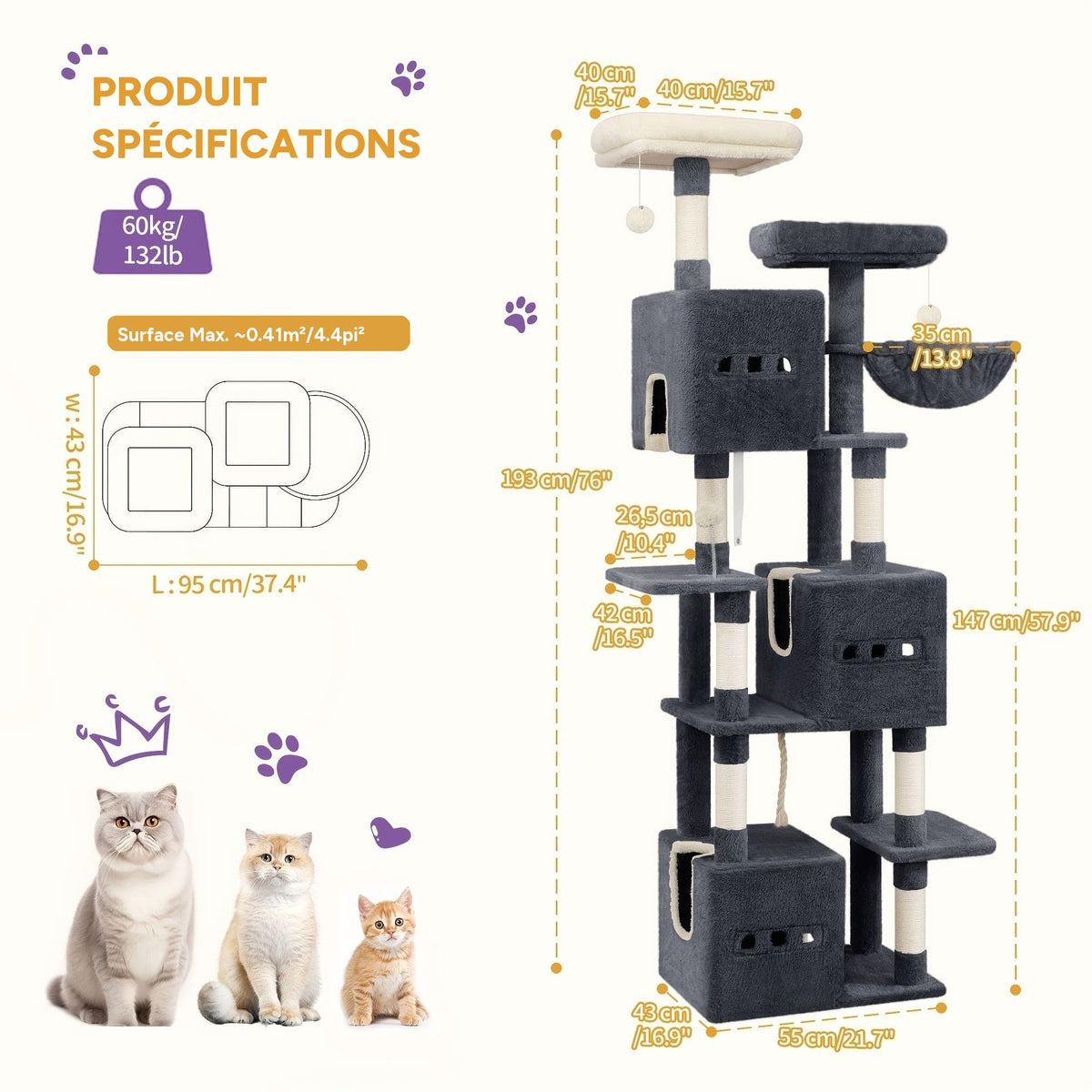 Arbre a chat XXL 193 cm 3 niches - infographie 1