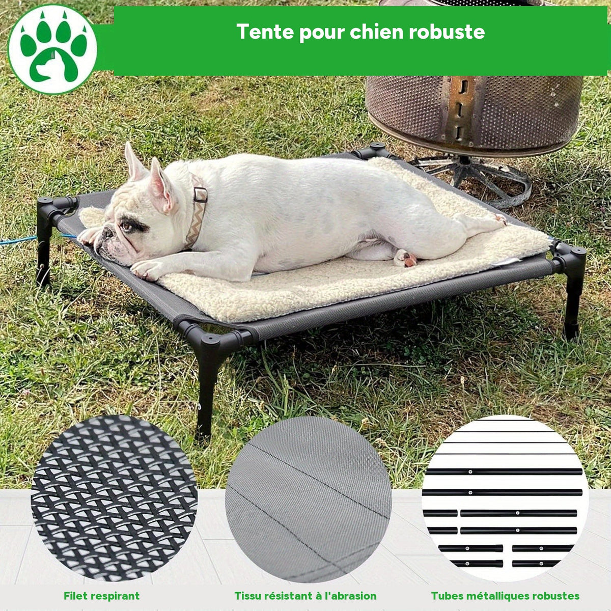 Lit surélevé pour chien avec auvent, couchage portable intérieur/extérieur – vue 3