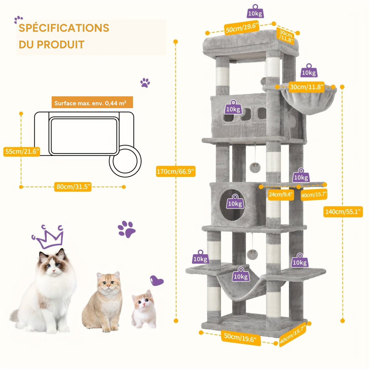 Arbre à chat XXL 170cm multi-niveaux griffoirs niches – détail 4