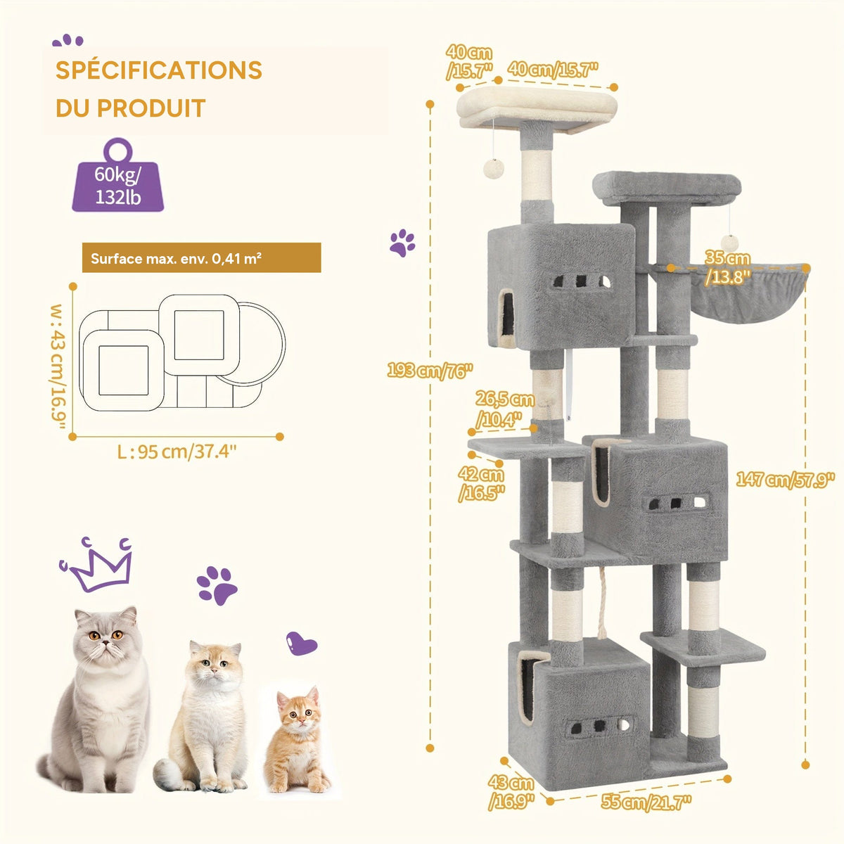 Arbre à chat XXL 193cm tour 7 niveaux niches griffoirs – détail 2