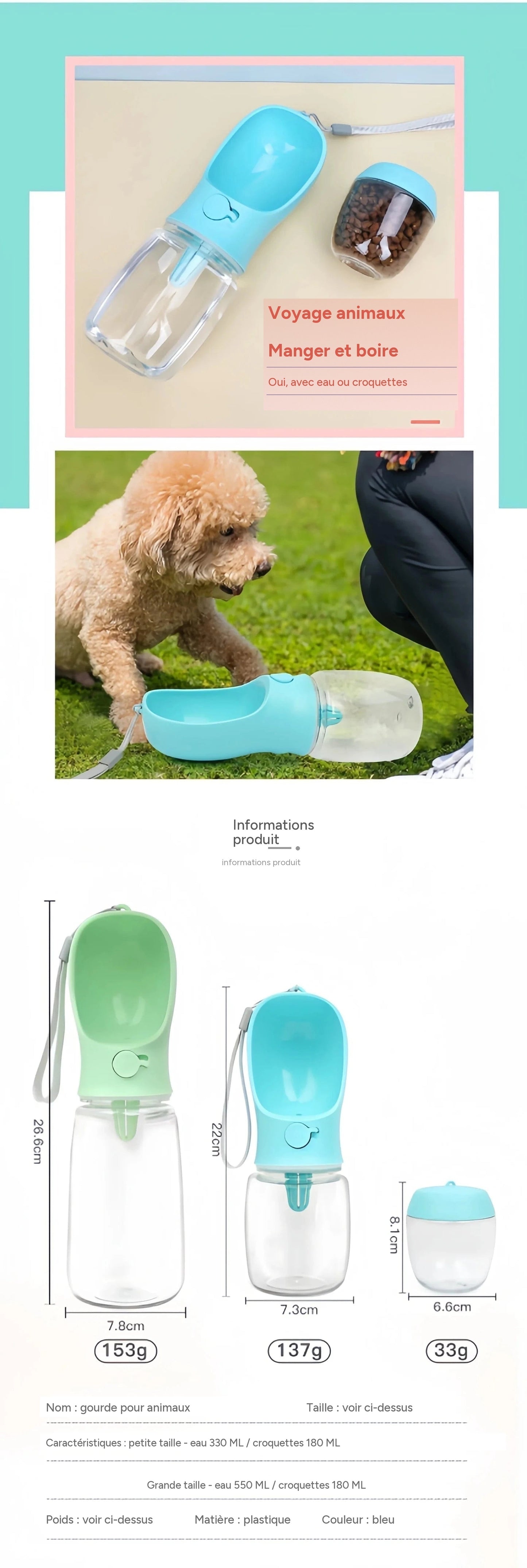 Bouteille d'eau portable 2-en-1 pour chiens et chats en balade