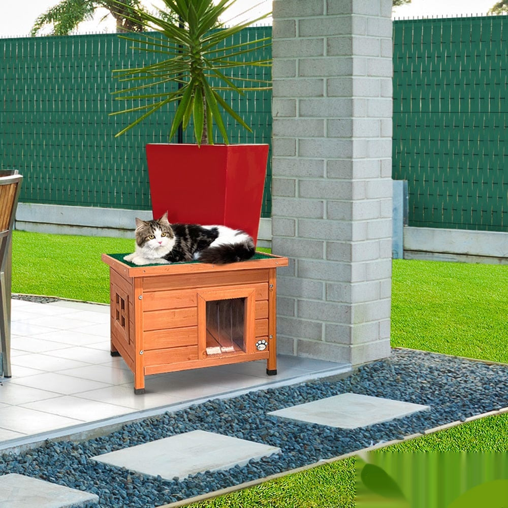 Maison en bois pour chat - niche interieure exterieure toit etanche – vue de face