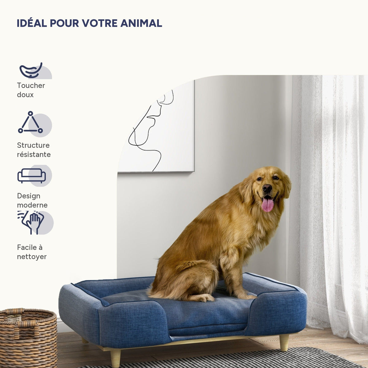 Canapé premium pour grand chien, lit surélevé, coussin lavable – en situation